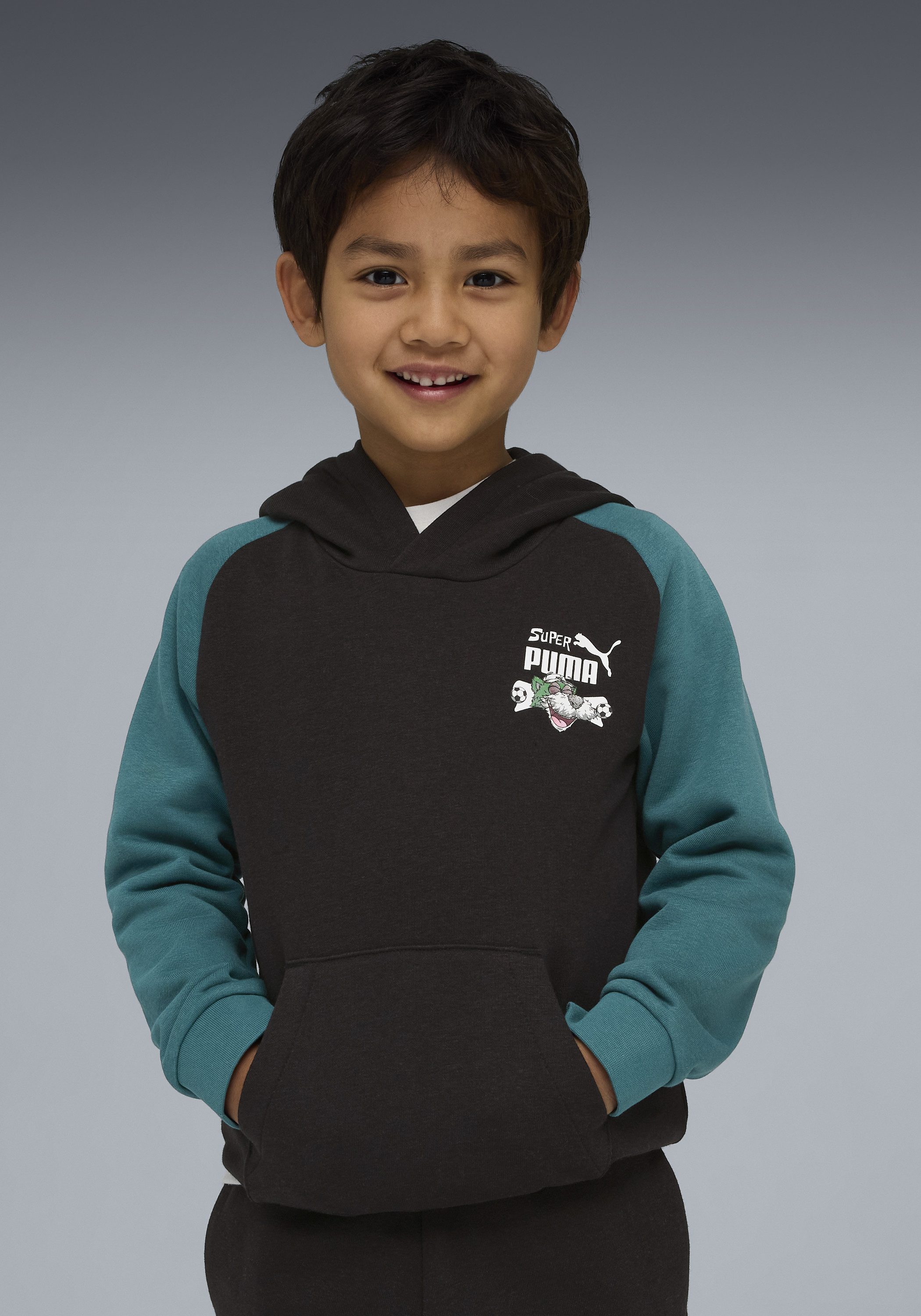 PUMA Kapuzensweatshirt SUPER HOODIE TR PS für Kinder, sportlicher Stil, mit Print-Applikation, mit Kapuze