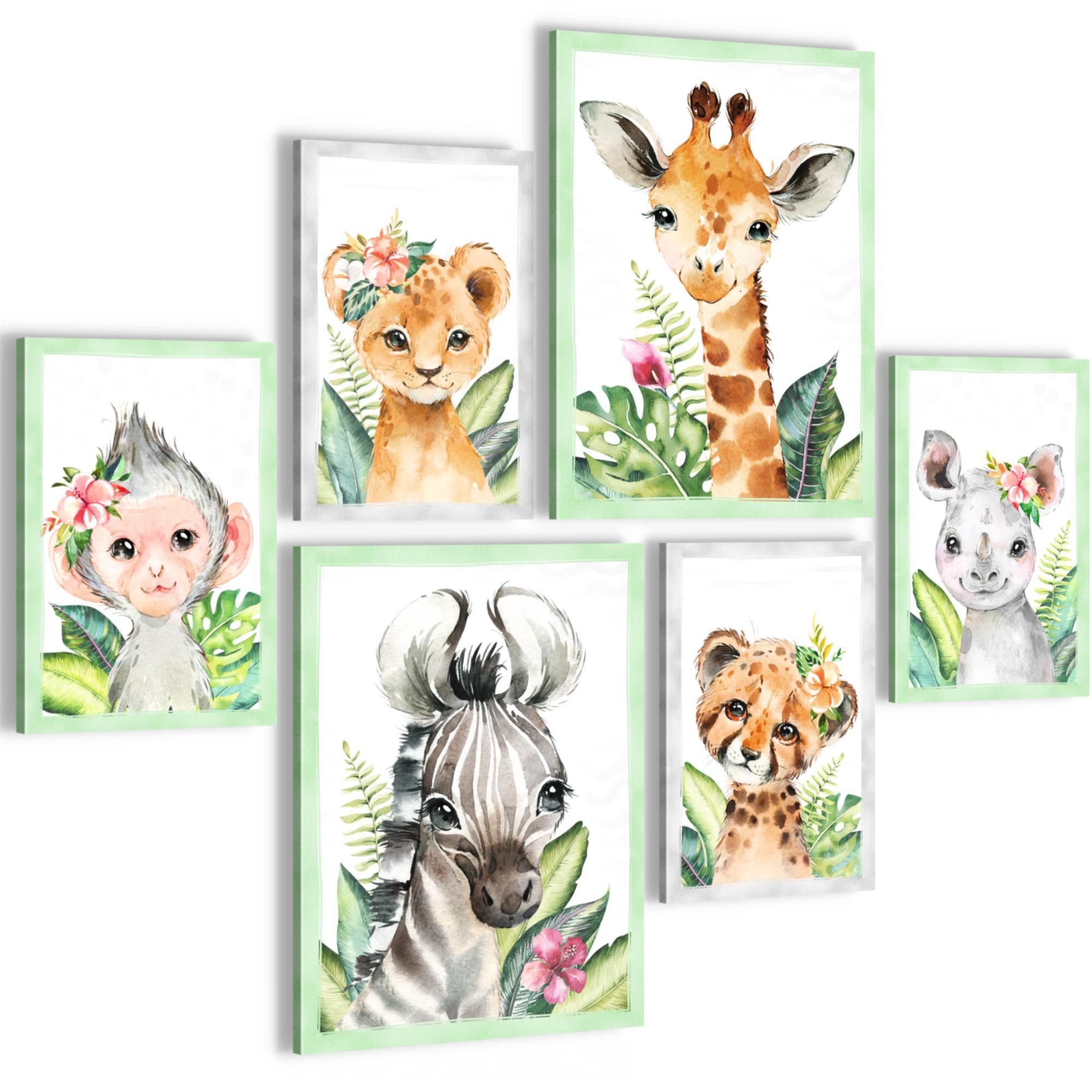 Novart Wandbild Tiere Afrika Grün AUFHÄNGFERTIG Deko Kinderzimmer Mädchen Junge N0173, 102L x 84B cm