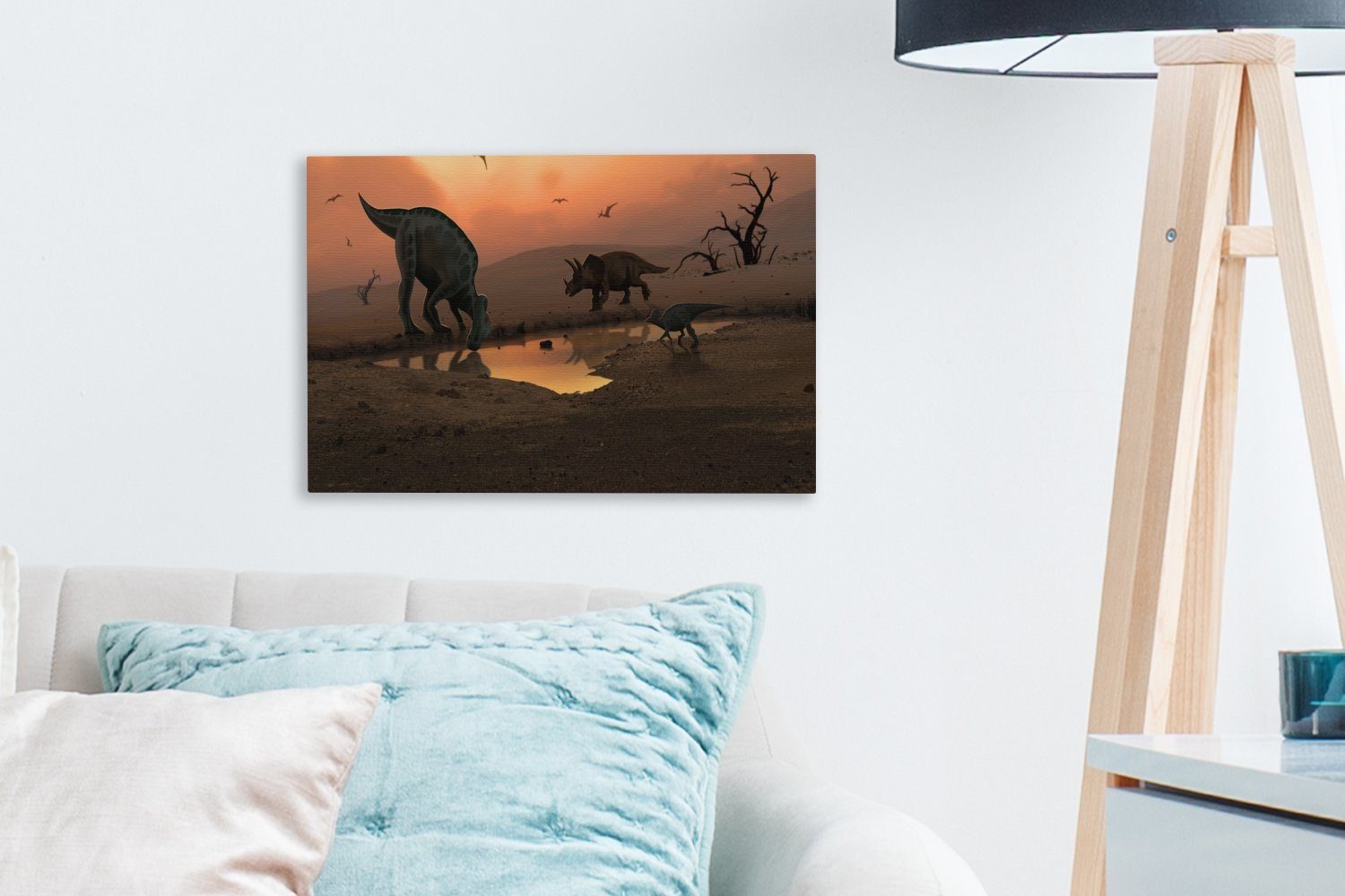 St), cm Zeichnung Wanddeko, Wilde Tiere - Leinwandbilder, Kind, Wandbild - Aufhängefertig, - 30x20 Leinwandbild OneMillionCanvasses® (1 Kinder - Dinosaurier