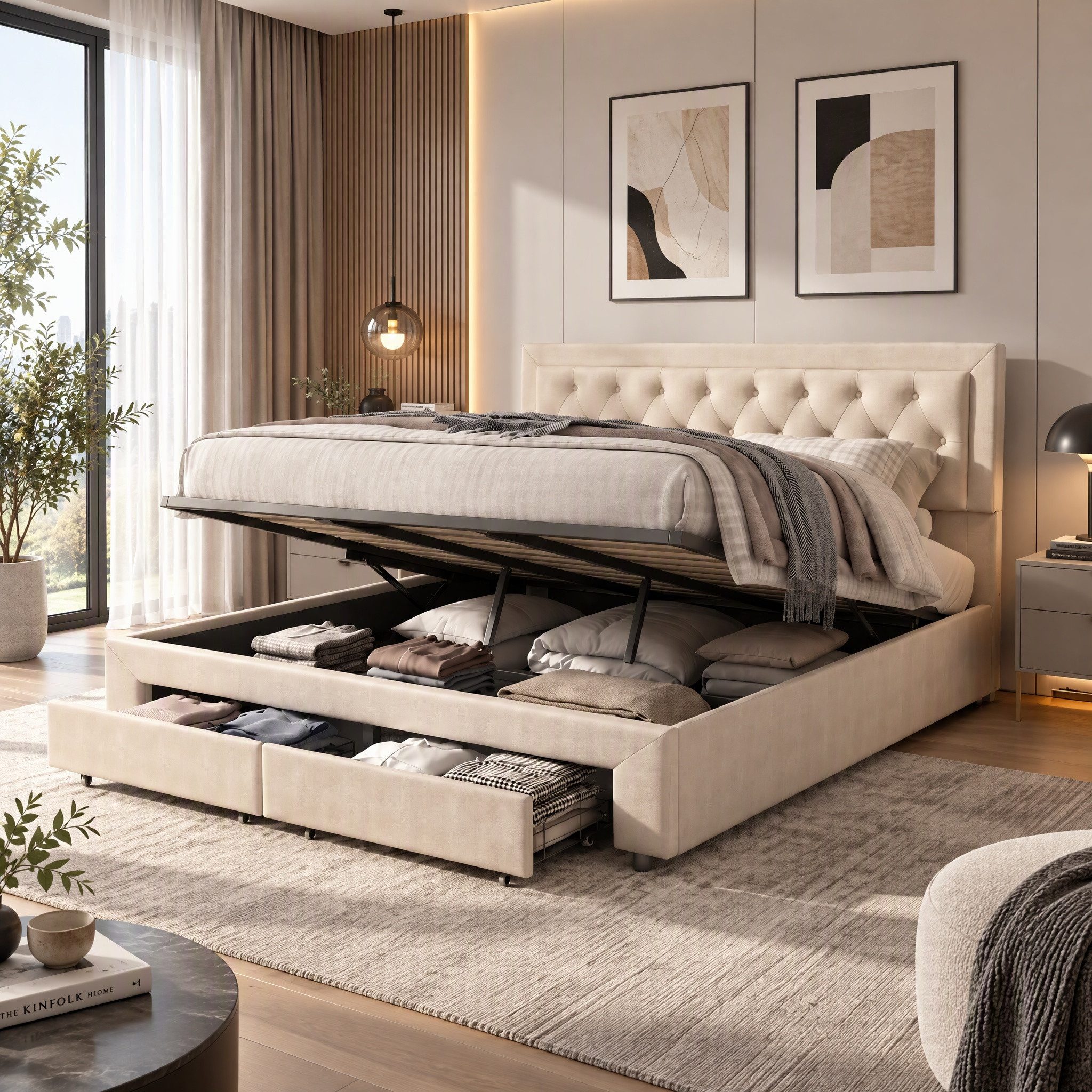 Furnishings Home Polsterbett 180 x 200 Doppelbett LED Hydraulisch anhebbarer Stauraumbett (Mit Lattenrost, Samtmaterial Polsterbett), Modernes Jugendbett, Leises Design Bett, Max. Belastbarkeit 350 kg