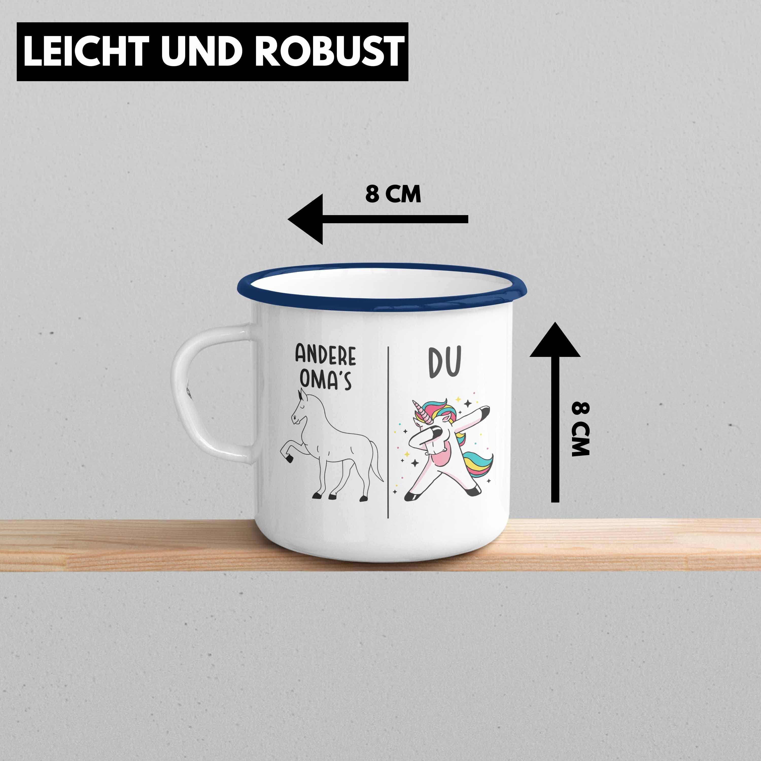 Trendation Spruch Blau - Oma Lustig mit KaffeeEmaille Beste Emaille Geschenk Tasse Tasse Großmutter Thermotasse Einhorn Trendation