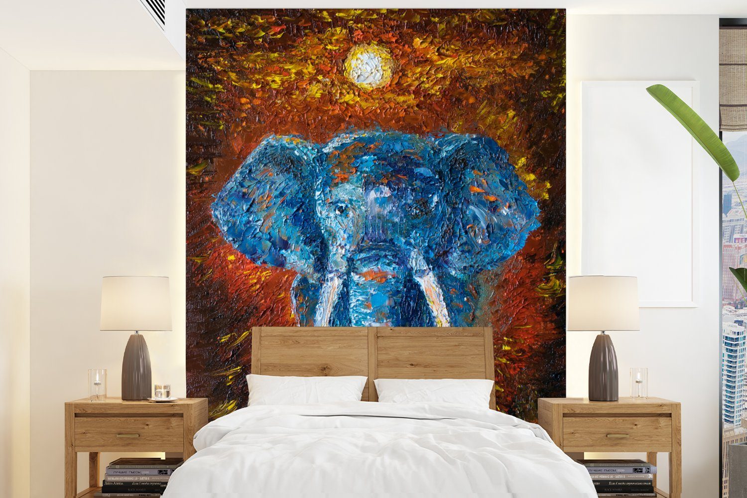 MuchoWow Fototapete Elefant - Ölfarbe - Impressionismus, Matt, bedruckt, (4 St), Montagefertig Vinyl Tapete für Wohnzimmer, Wandtapete