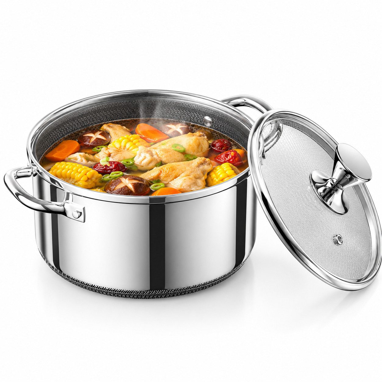 Bundviel Suppentopf Ø16/20/24 cm Kochtopf mit Deckel Hybrid Induktion Antihaftbeschichtung, Edelstahl, Ofenfest bis 260 °C, Geeignet für Alle Herdarten