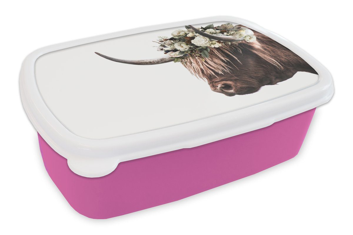 MuchoWow Lunchbox Schottischer Highlander - Kuh - Blumen, Kunststoff, (2-tlg), Brotbox für Erwachsene, Brotdose Kinder, Snackbox, Mädchen, Kunststoff rosa