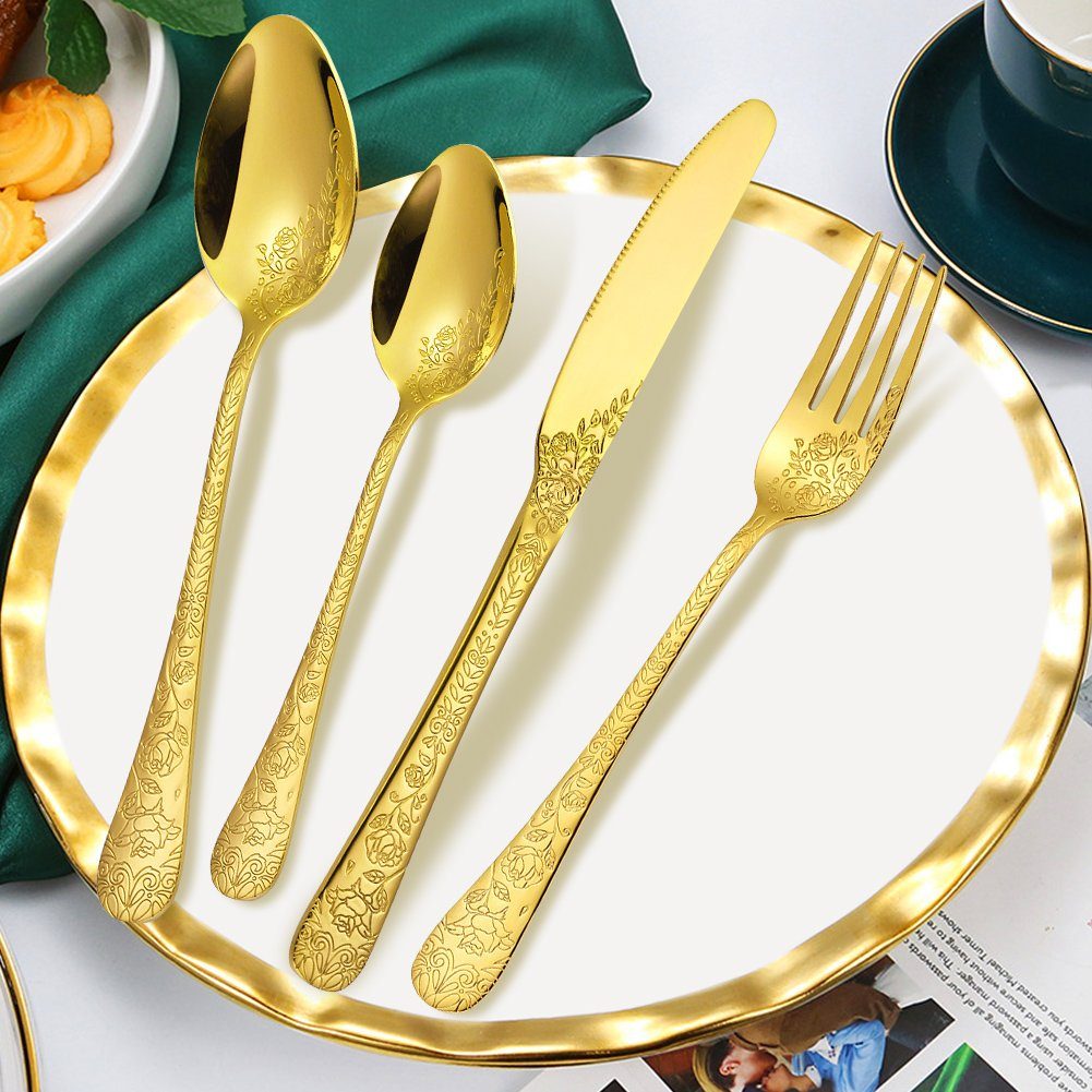 KEENZO teilig Besteck-Set florale Edelstahl Gold Essbesteck Set Muster Griff 24