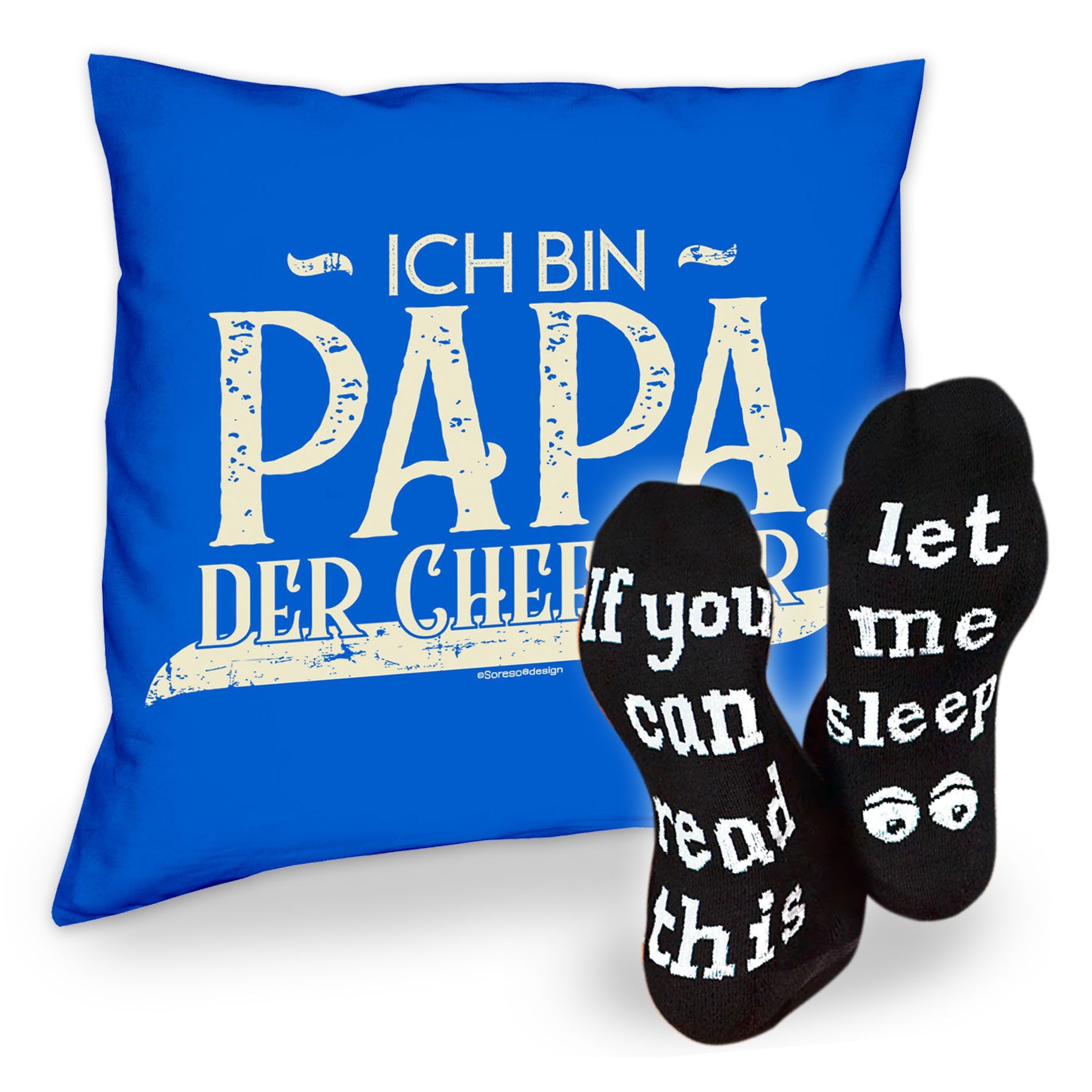 Soreso® Dekokissen Kissen Ich bin Papa der Chef hier & Sprüche Socken Sleep, Vatertagsgeschenk Papa Männer royal-blau