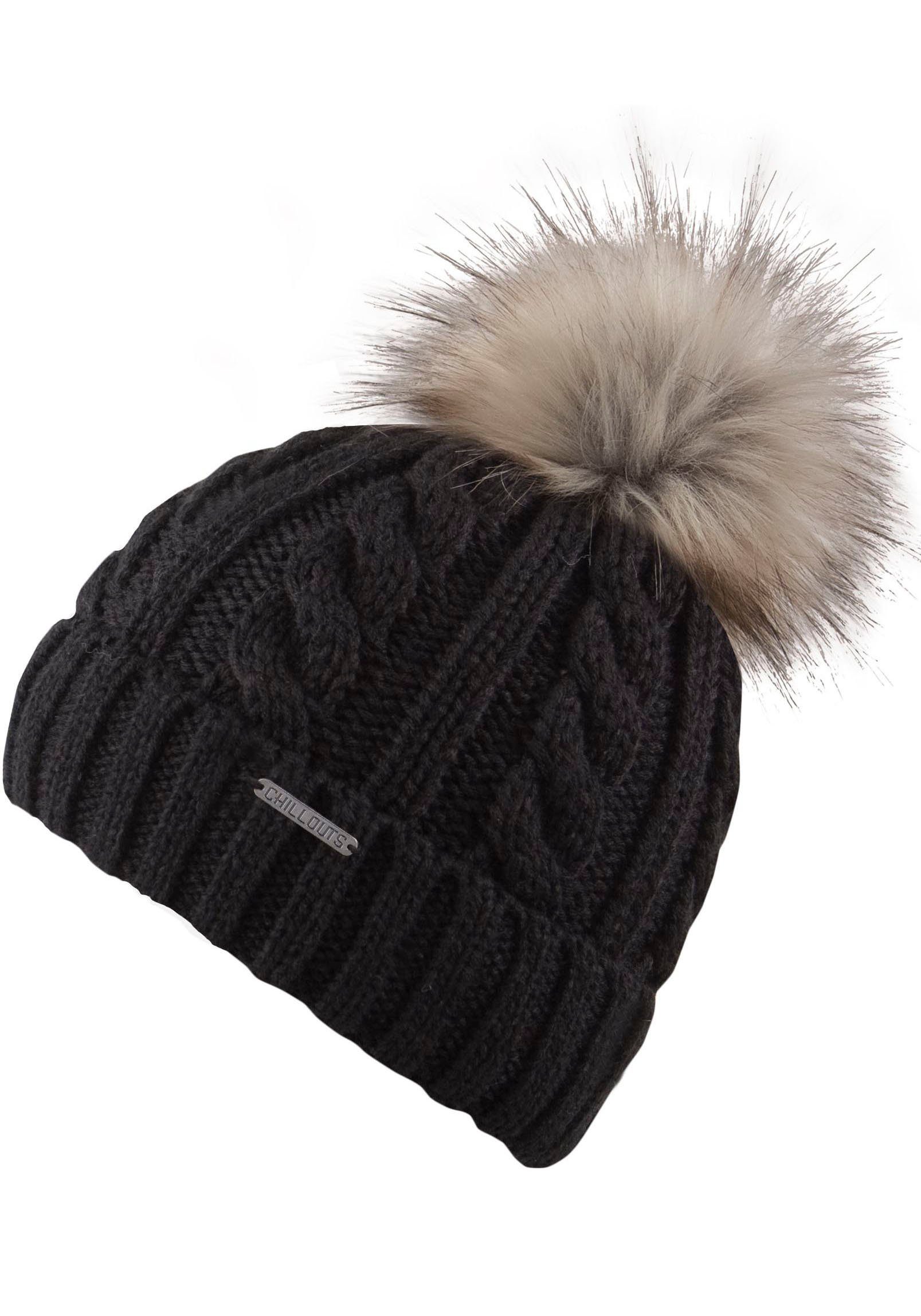 chillouts Bommelmütze Joan Hat Mit Fake-Fur Pom Pom, Zopfmuster schwarz