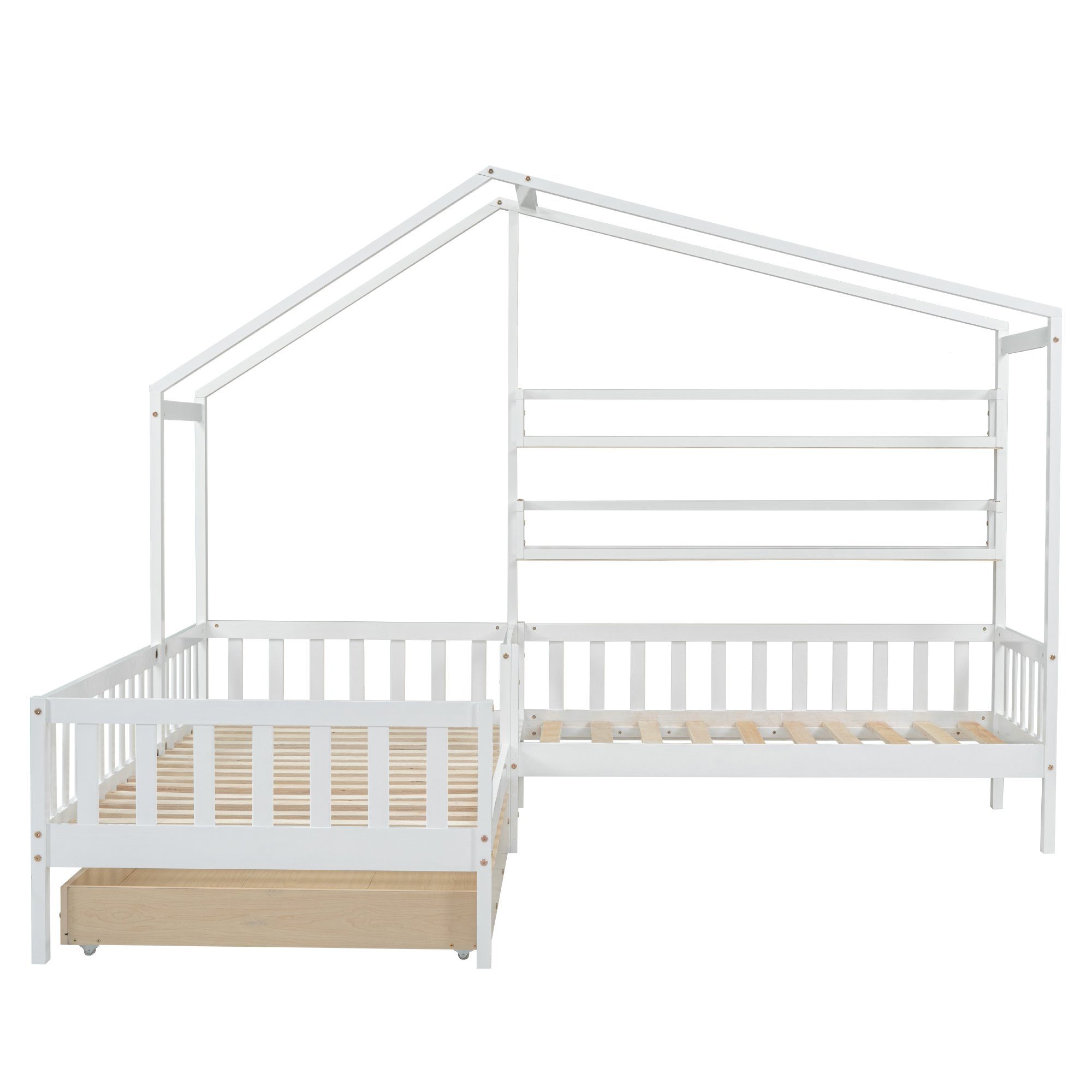 Flieks Kinderbett (1-tlg), Massivholz L-Struktur 90x200cm+70x140cm weiß Hausbett