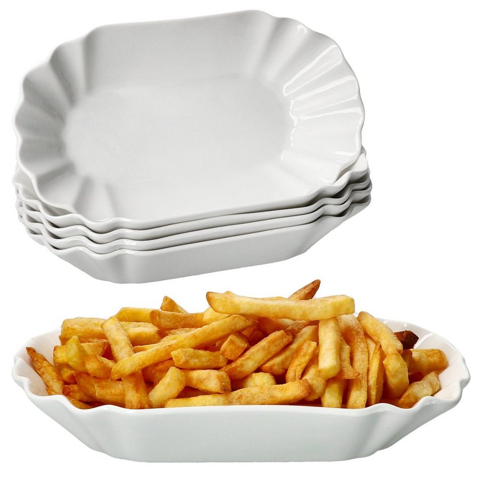 MamboCat Servierschale 6x Fries Pommesschale oval weiß Currywurst-Schale  Porzellan, Porzellan