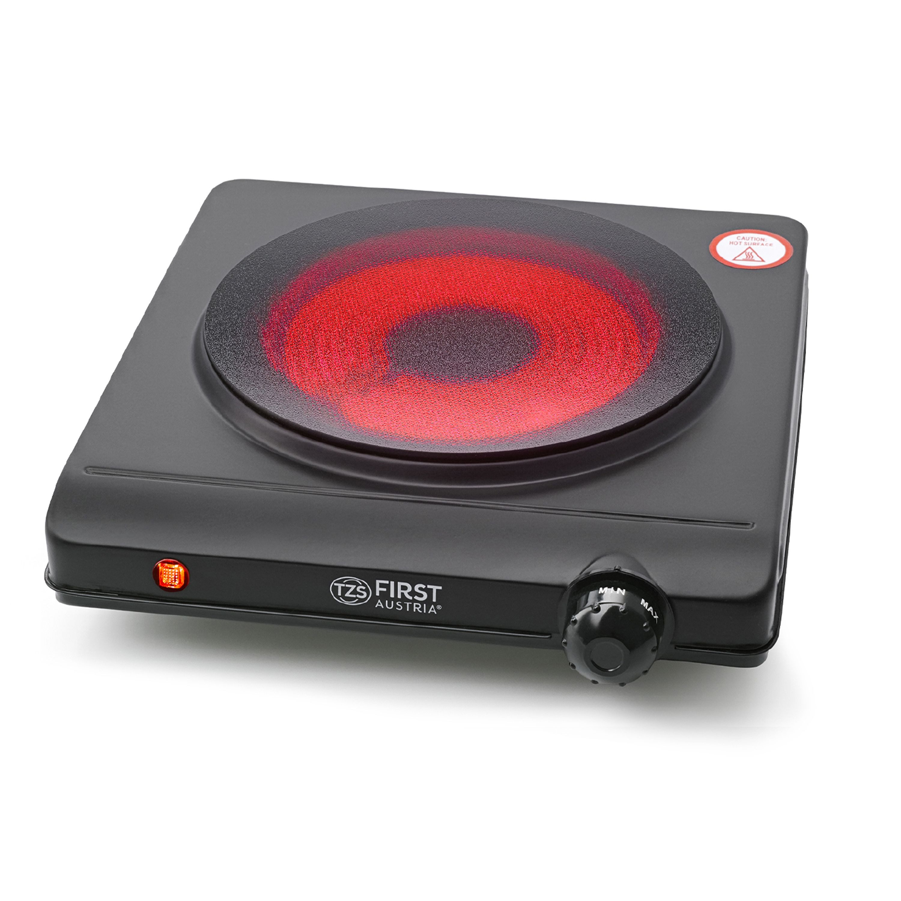 TZS FIRST AUSTRIA Einzelkochplatte Infrarot Kochplatte, 1250W, Keramik, stufenlose Temperaturregelung, Kochfeld Schwarz, Herdplatte für Camping