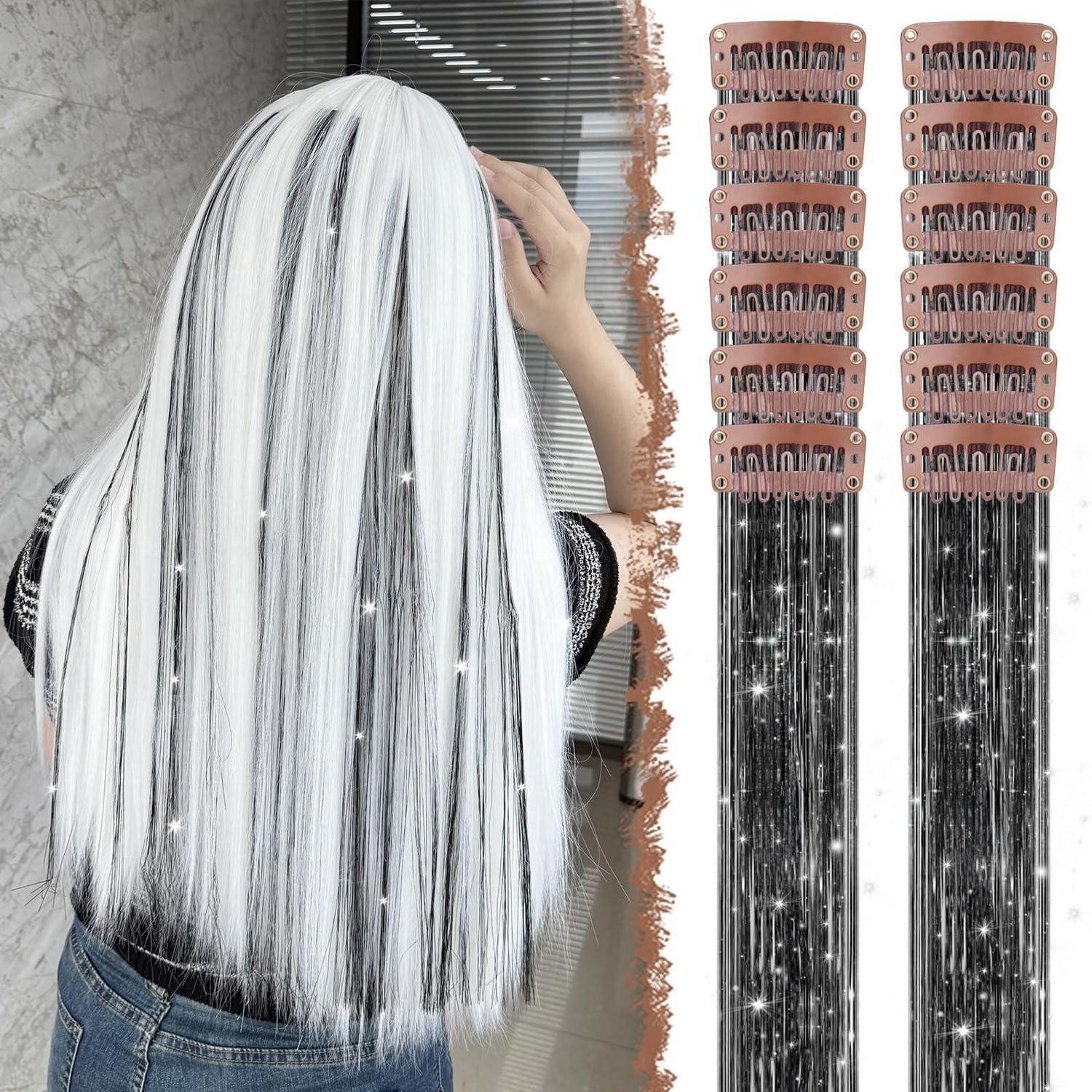 LuxusKollektion Kunsthaar-Extension Haartinsel Clip In 12 Stück Schwarz Glitzer 50 cm Schwarz-glitzer