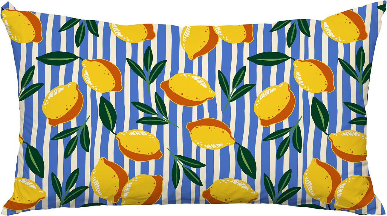 queence Dekokissen Zitronen Blau gestreift, Premium Outdoor Kissenbezug; Format: 60x40 cm