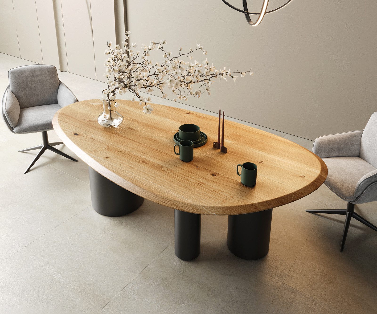 DELIFE Esstisch Edge, Oval Eiche Natur 220x120x2,5 Troa Metall Schwarz Flow-Edge