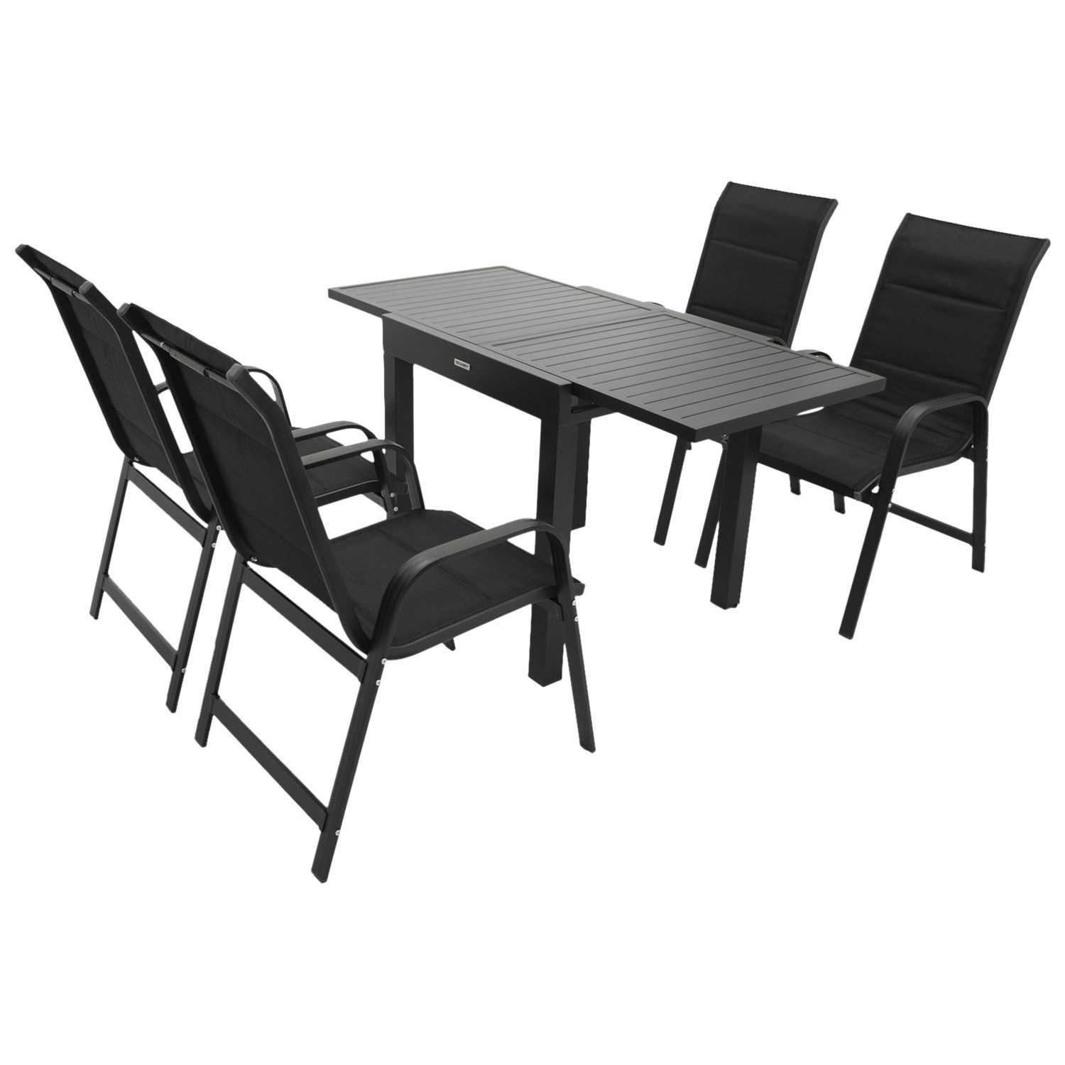 DEGAMO Garten-Essgruppe ALCUDIA 5-teilig, 4x Stapelsessel, 1x Ausziehtisch 70/140x70cm, Aluminium anthrazit