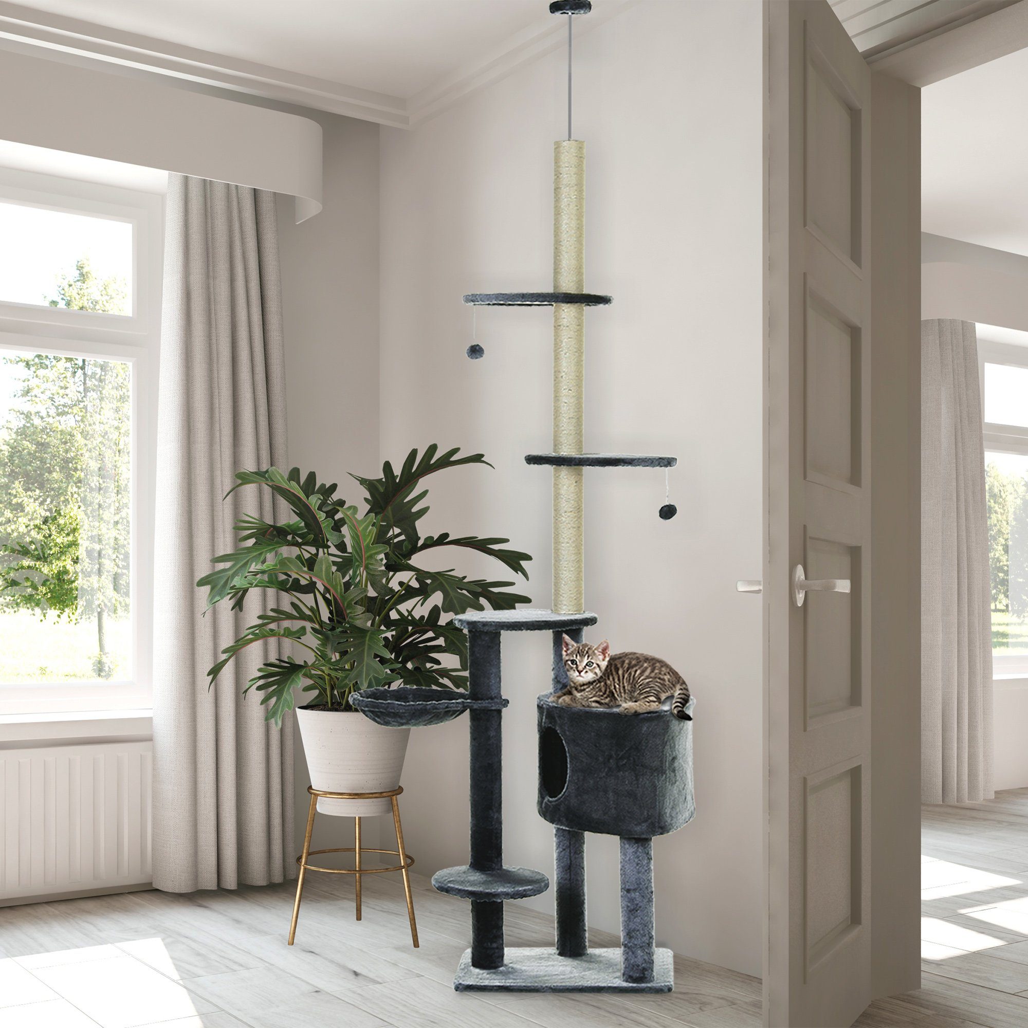 PawHut Kratzbaum mit Spielbälle, Katzenhöhle, Hängematte, Sisalstämme, Plattformen, für mittelgroße Katzen, Dunkelgrau