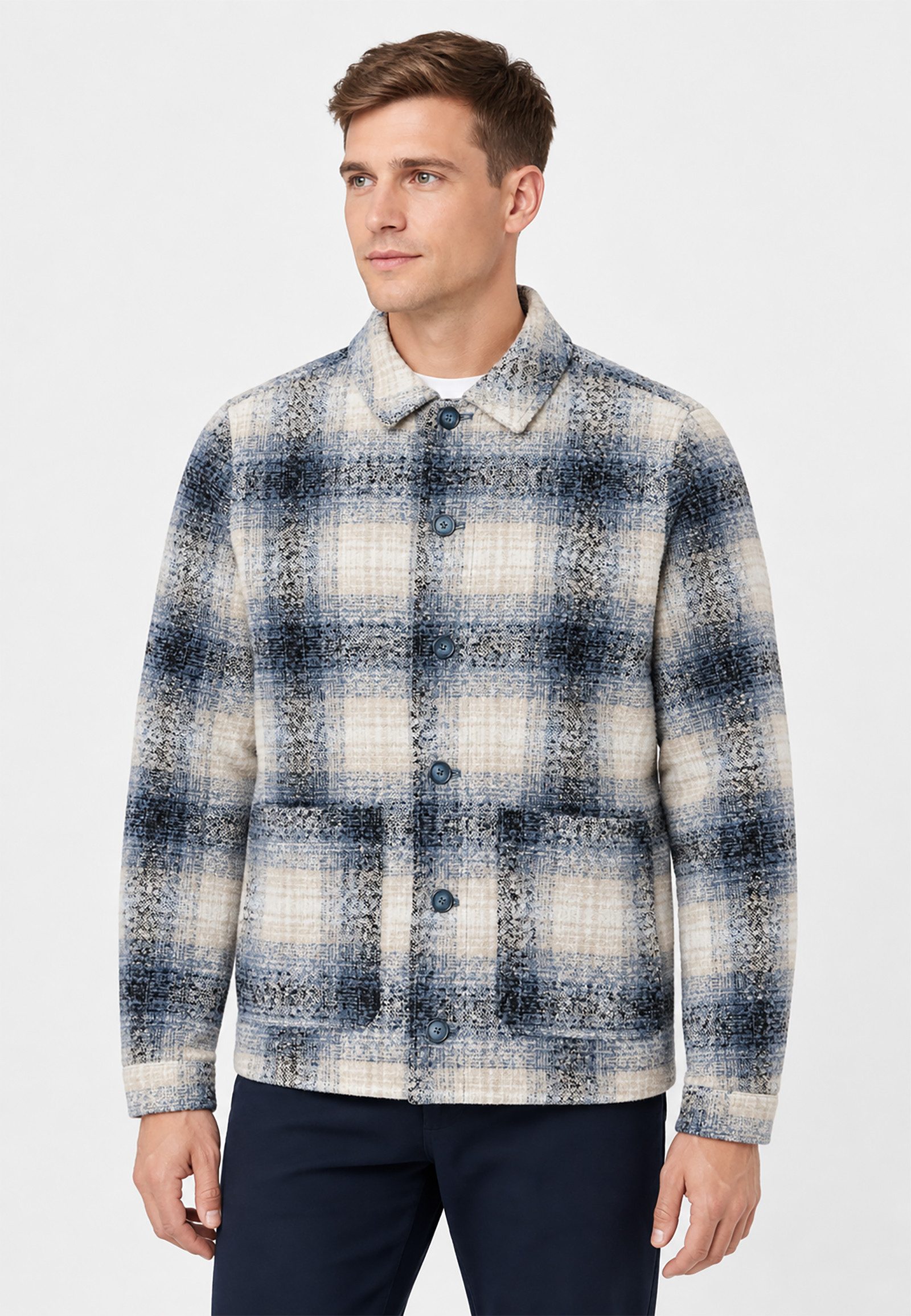 Casual Friday Blouson Großkaro Kentkragen Brusttaschen für Herren (1-St) Großes Karo, Kentkragen, Knopfleiste, Zwei Brusttaschen
