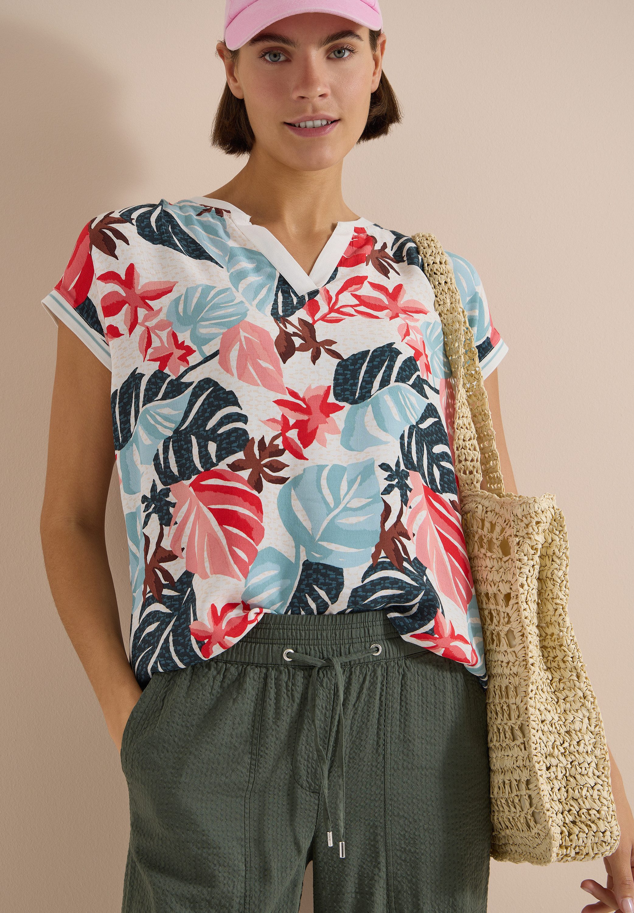 CECIL Shirtbluse Sommershirt mit Split Neck und Printmix