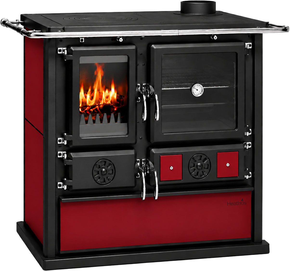Festbrennstoffherd Cook Premium Bordeaux, 8,9 kW, Zeitbrand, Küchenofen, Ofenherd zum Heizen, Kochen & Backen