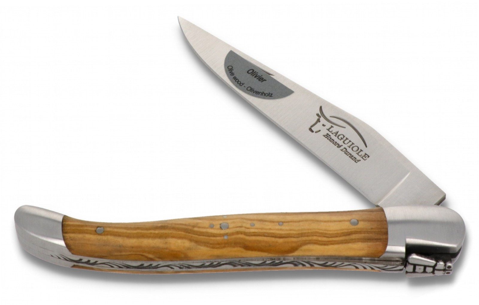 Laguiole Honoré Durand Taschenmesser 1LA112IM2ASM12OLI0, Griff 12cm Olivenholz - Feder verziert - Stahl satiniert