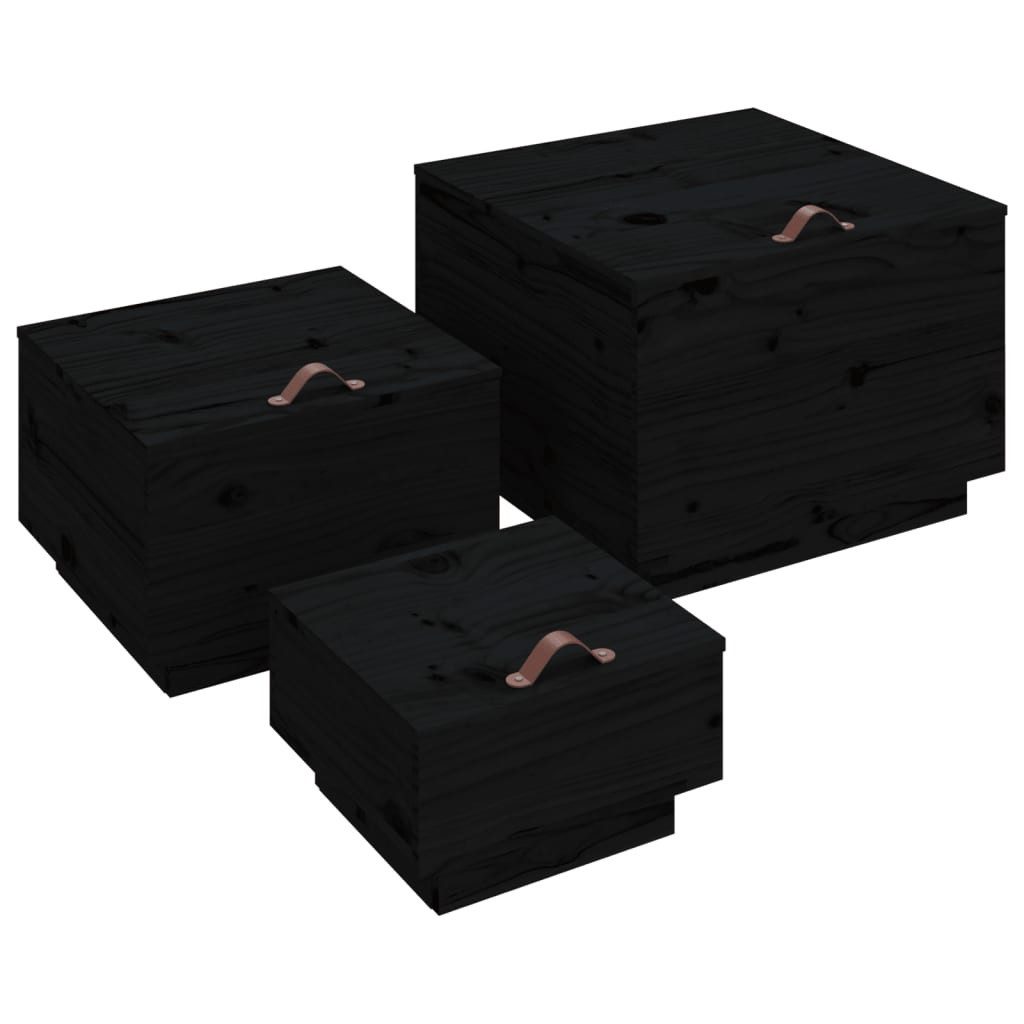 vidaXL Aufbewahrungsbox Aufbewahrungsboxen mit Deckeln 3 Stk. Schwarz Massivholz Kiefer (3 St)