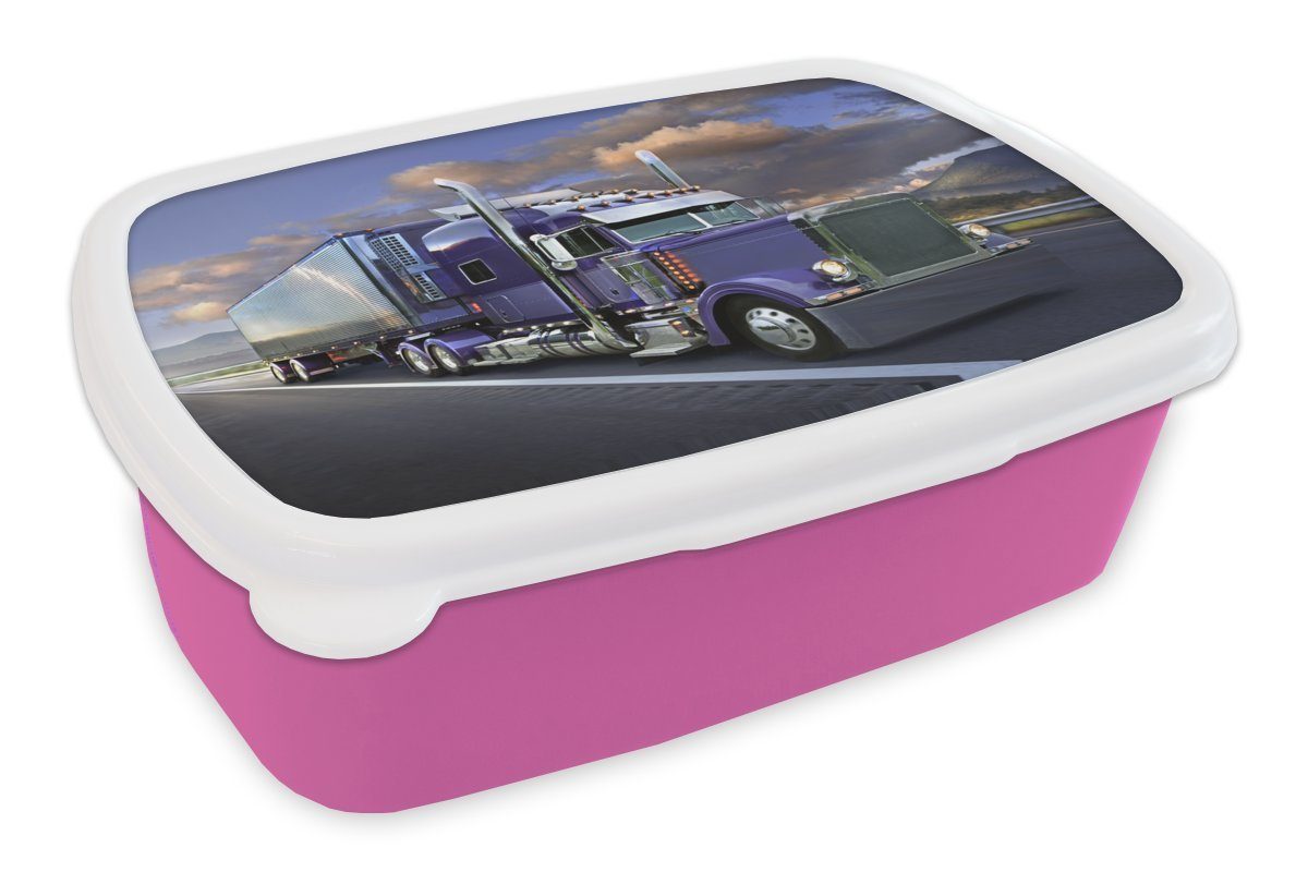 MuchoWow Lunchbox Violettfarbener Lkw, Kunststoff, (2-tlg), Brotbox für Erwachsene, Brotdose Kinder, Snackbox, Mädchen, Kunststoff rosa