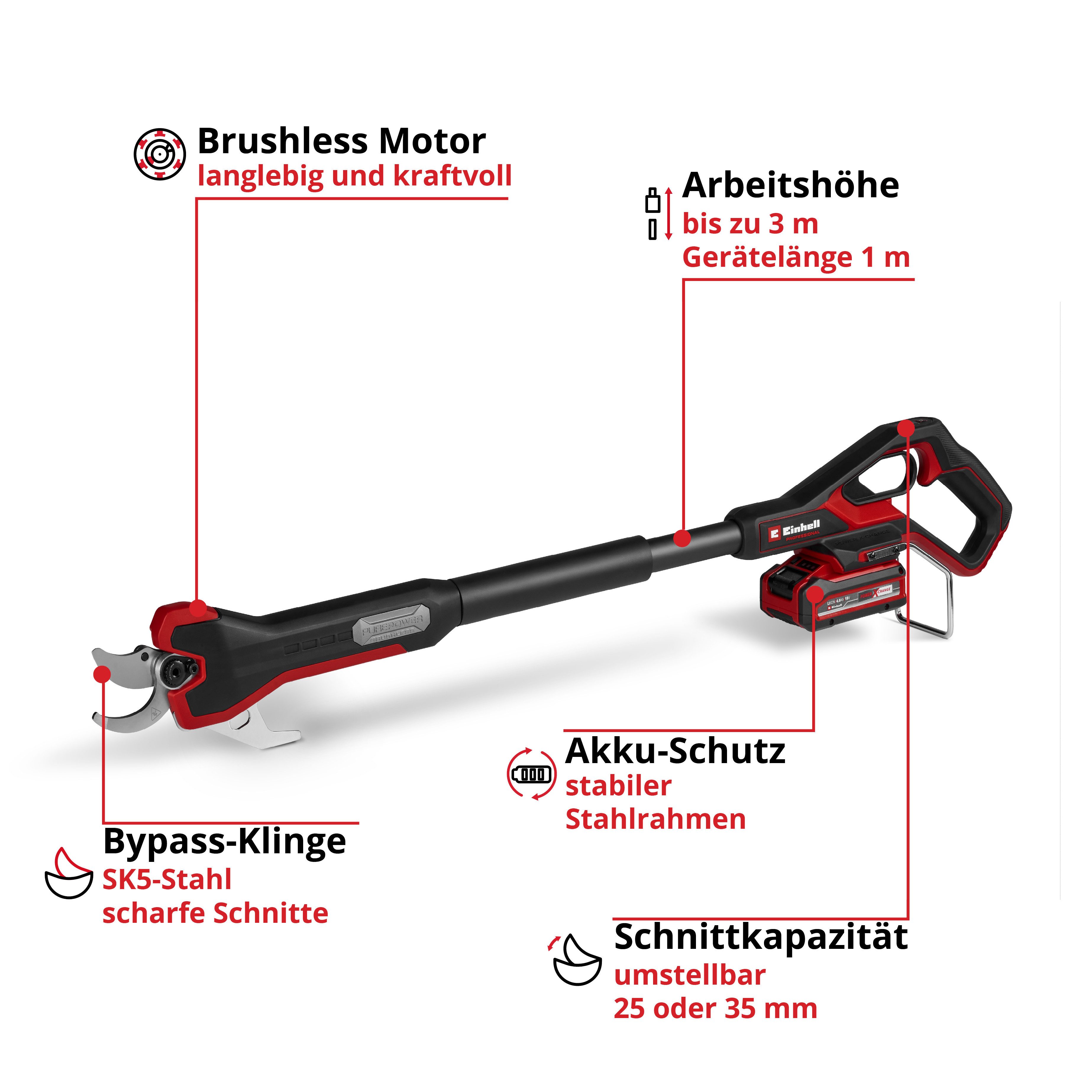 Einhell Akku-Astschere GP-LS 18/35 Li BL-Solo, bis 3 m Arbeitshöhe, ohne Akku und Ladegerät