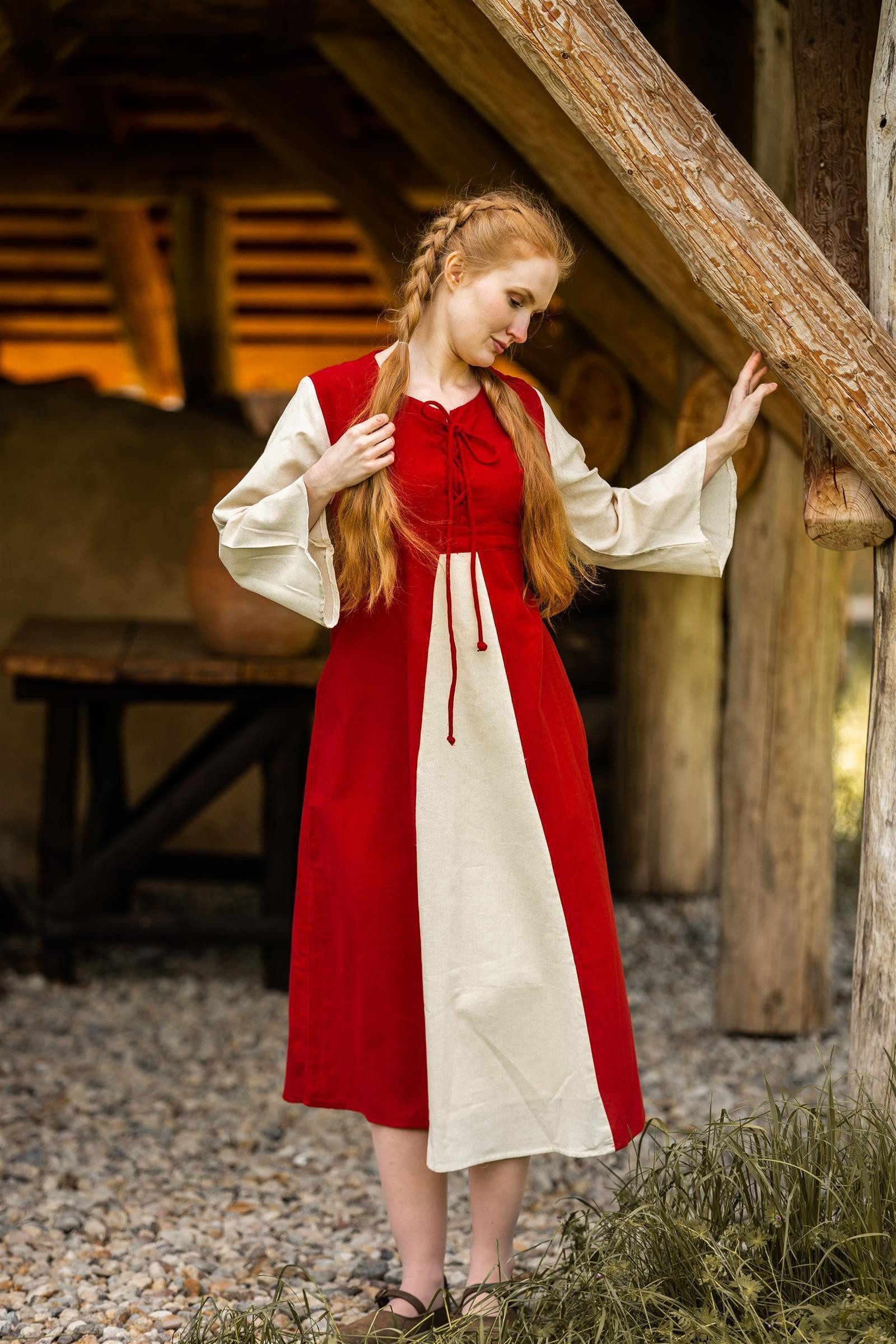Leonardo Carbone Burgfräulein-Kostüm Baumwollkleid "Ilse" mit Trompetenärmeln, zweifarbige Gestaltung, Schnürung vorne und hinten
