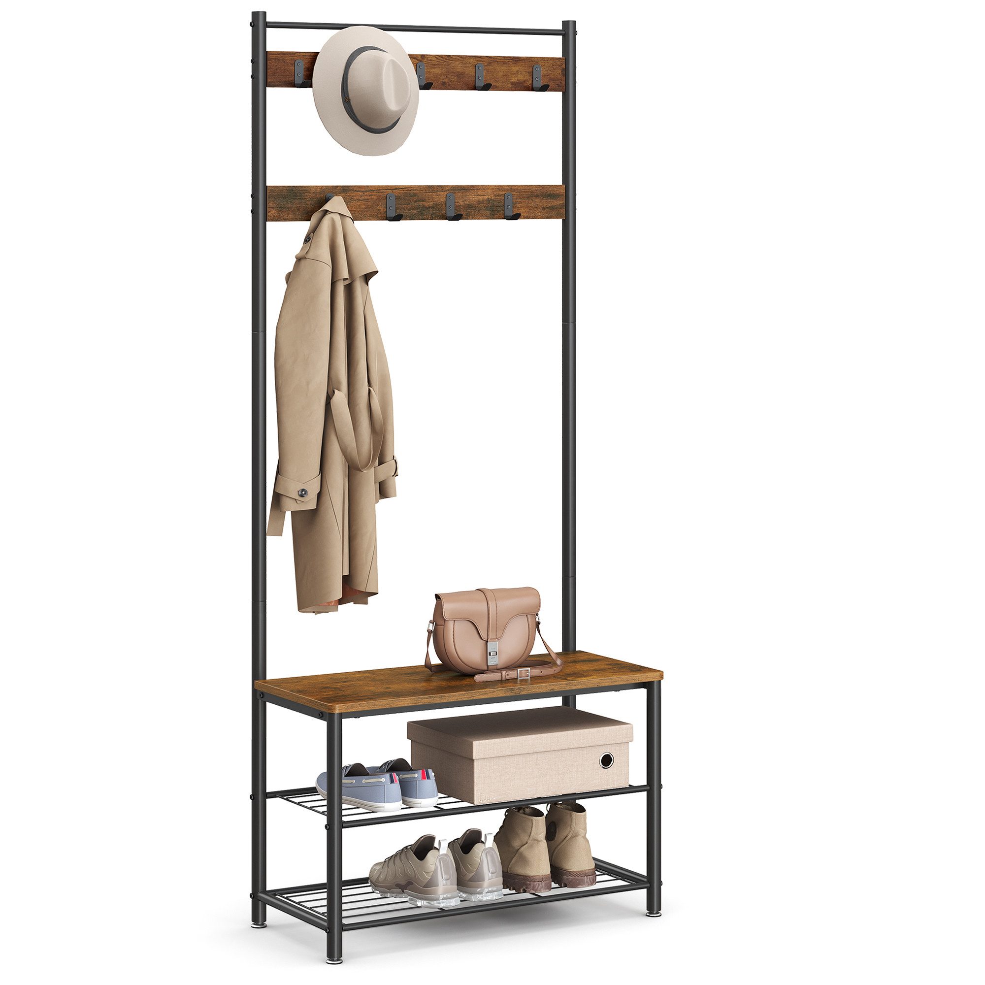 VASAGLE Garderobenständer Garderobe, Kleiderständer, mit Schuhbank, 3-in-1 Design, Stahl