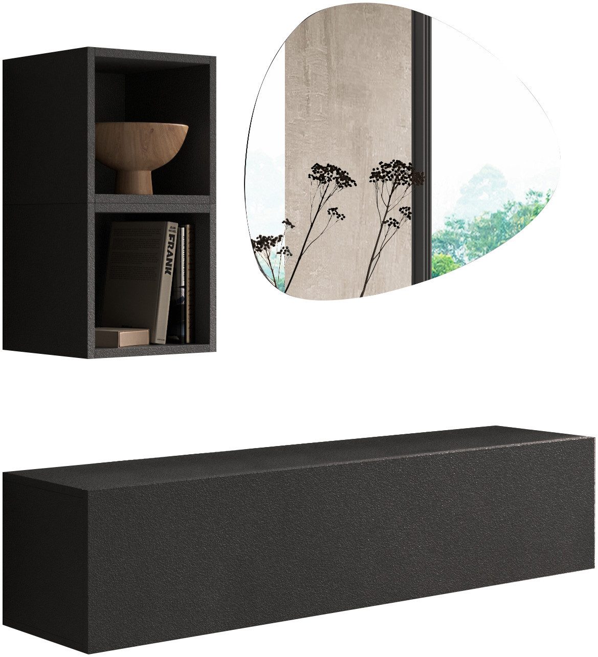 Home affaire Garderoben-Set Infinity, 3tlg. Breite 138 cm, Höhe variabel, moderne Garderobe, (Spar-Set, 3-St), (Hängeschrank, Würfelregal 2er Set, Spiegel) ideal für Diele, Flur