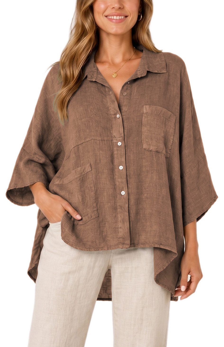 dy_mode Hemdbluse Damen Leinenbluse Oversize Hemdbluse Kurzarm Tunika Vokuhila in Unifarben, Oversized Optik, Vokuhila-Schnitt