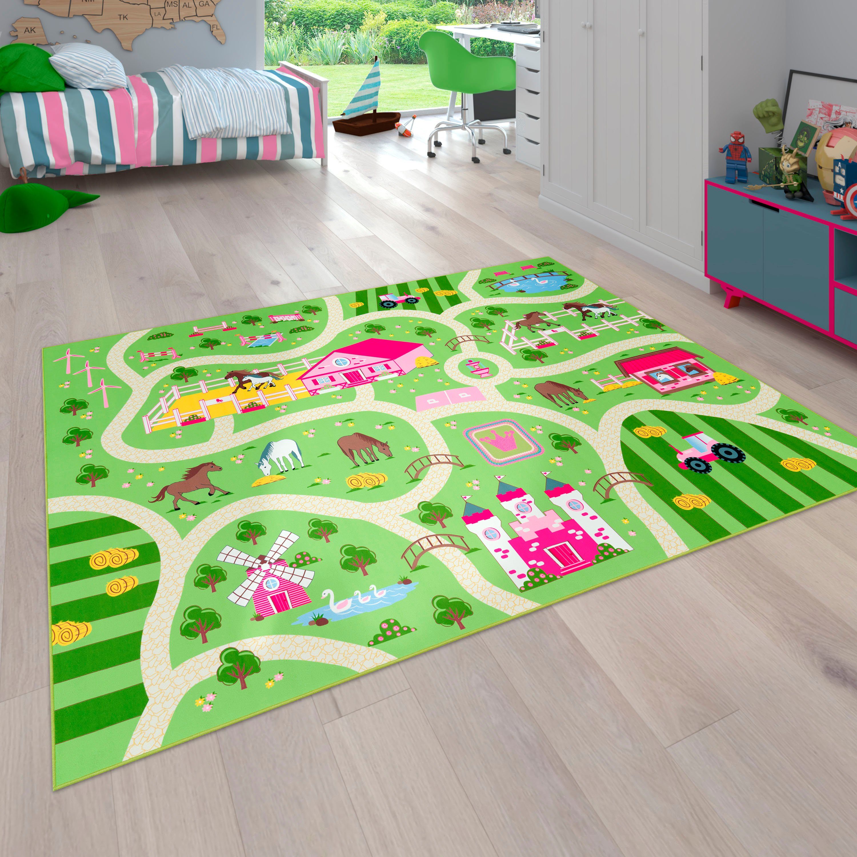 Kinderteppich Bino 560, Paco Home, rechteckig, Höhe: 9 mm, Kurzflor,  Straßen-Spiel-Teppich, Motiv Bauernhof, Kinderzimmer