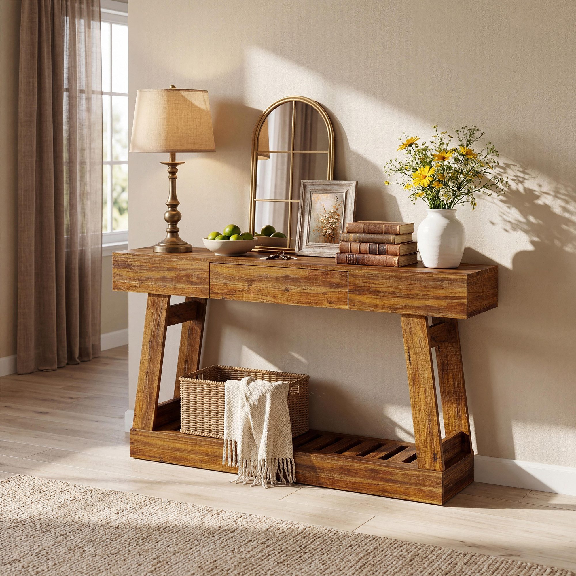 GarveeMore Konsolentisch Flurtisch, Beistelltisch 154 cm mit Schublade und Ablage (1-St., 1 Tisch), trapezförmiges Gestell, braune Holzoptik