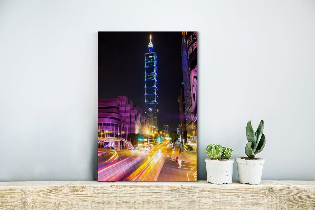 (1 Taiwan 101 OneMillionCanvasses® St), Nacht, Leinwandbild inkl. in beleuchtete cm bei 20x30 Der Gemälde, Taipei Leinwandbild bespannt Zackenaufhänger, fertig