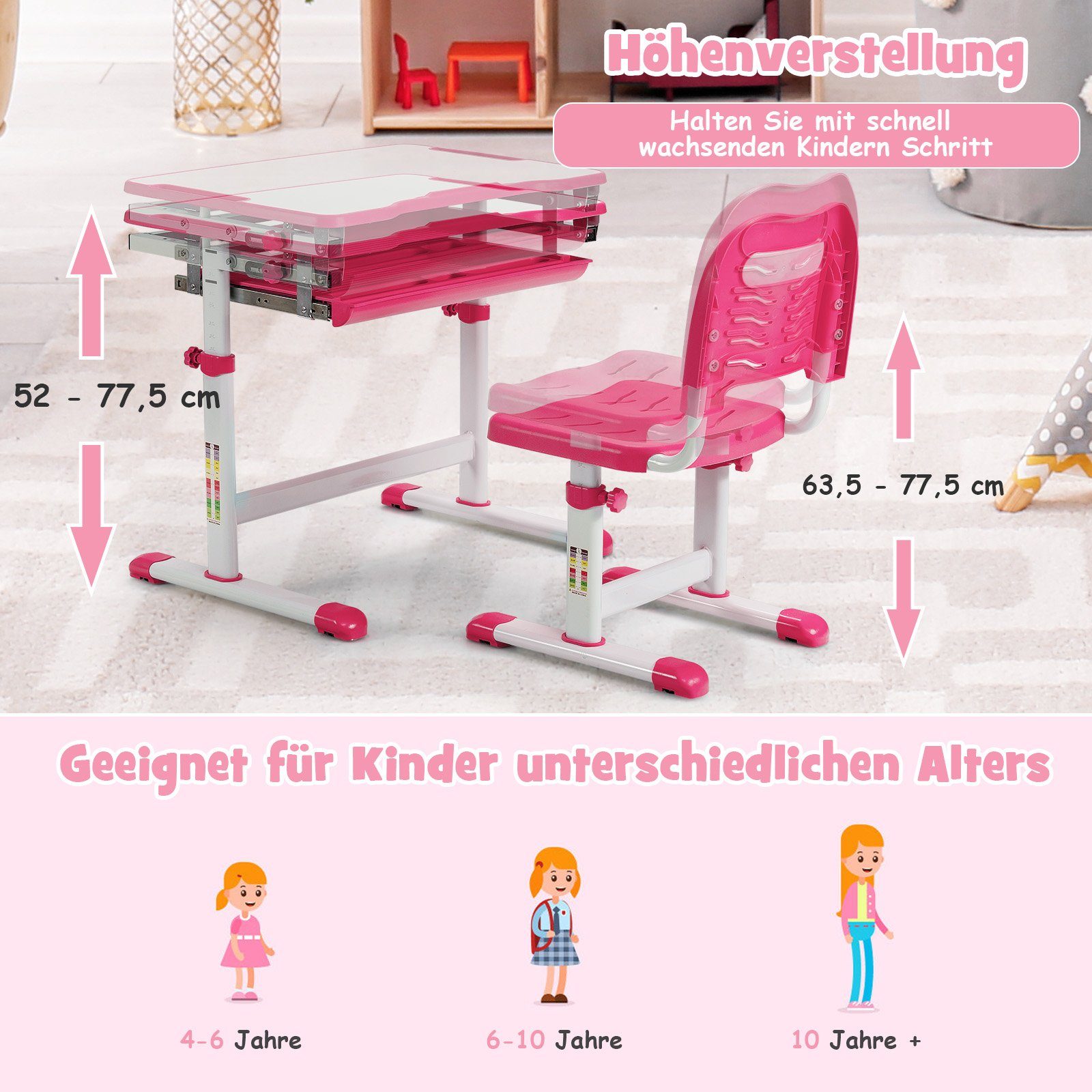 COSTWAY Kinderschreibtisch, mit Stuhl, neigbare Tischplatte, günstig online kaufen