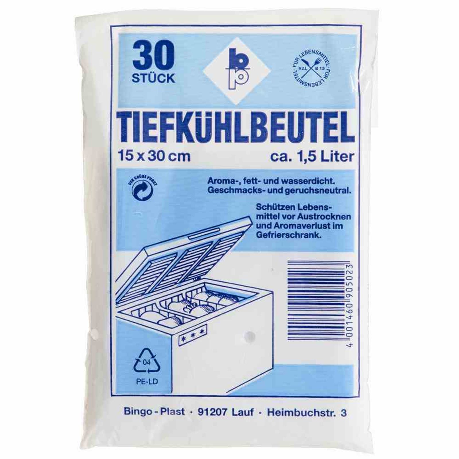 Bingo-Plast Gefrierbeutel Tiefkühlbeutel 1,5 l, 15 x 30 cm, 30 Stück