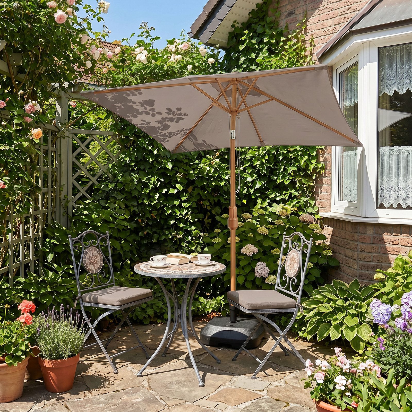 Sekey Sonnenschirm 200 x 150 cm Holzoptik Balkonschirm Rechteckig Wasserdicht, Knickbar, LxB: 200x150 cm, Sonnenschirm für Balkon Knickbar, Wasserdicht, UPF 50+ – Bild 3 von 5