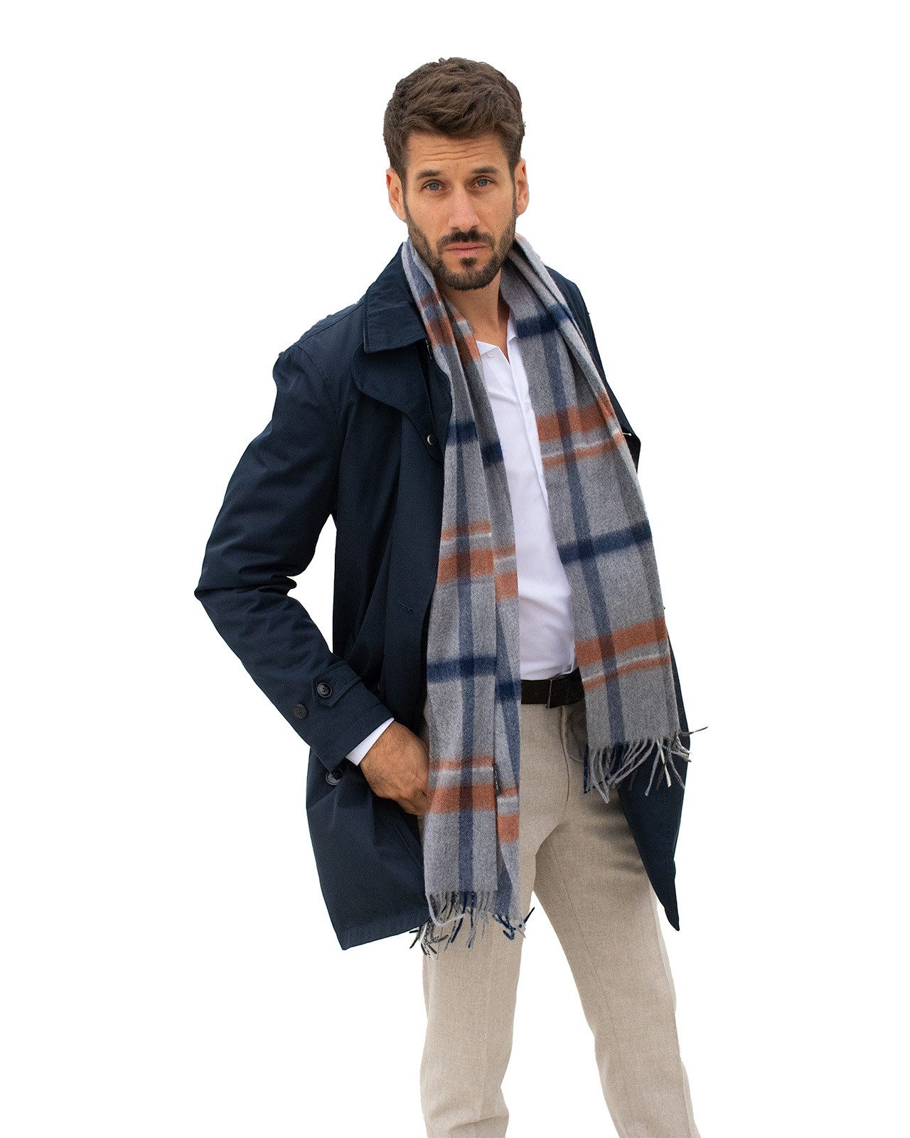 MayTree Kaschmirschal Unisex, 180 x 30cm, mit Fransen, gewebt Tartan grau weiss blau, (Stück, 1-St), 100% Kaschmir