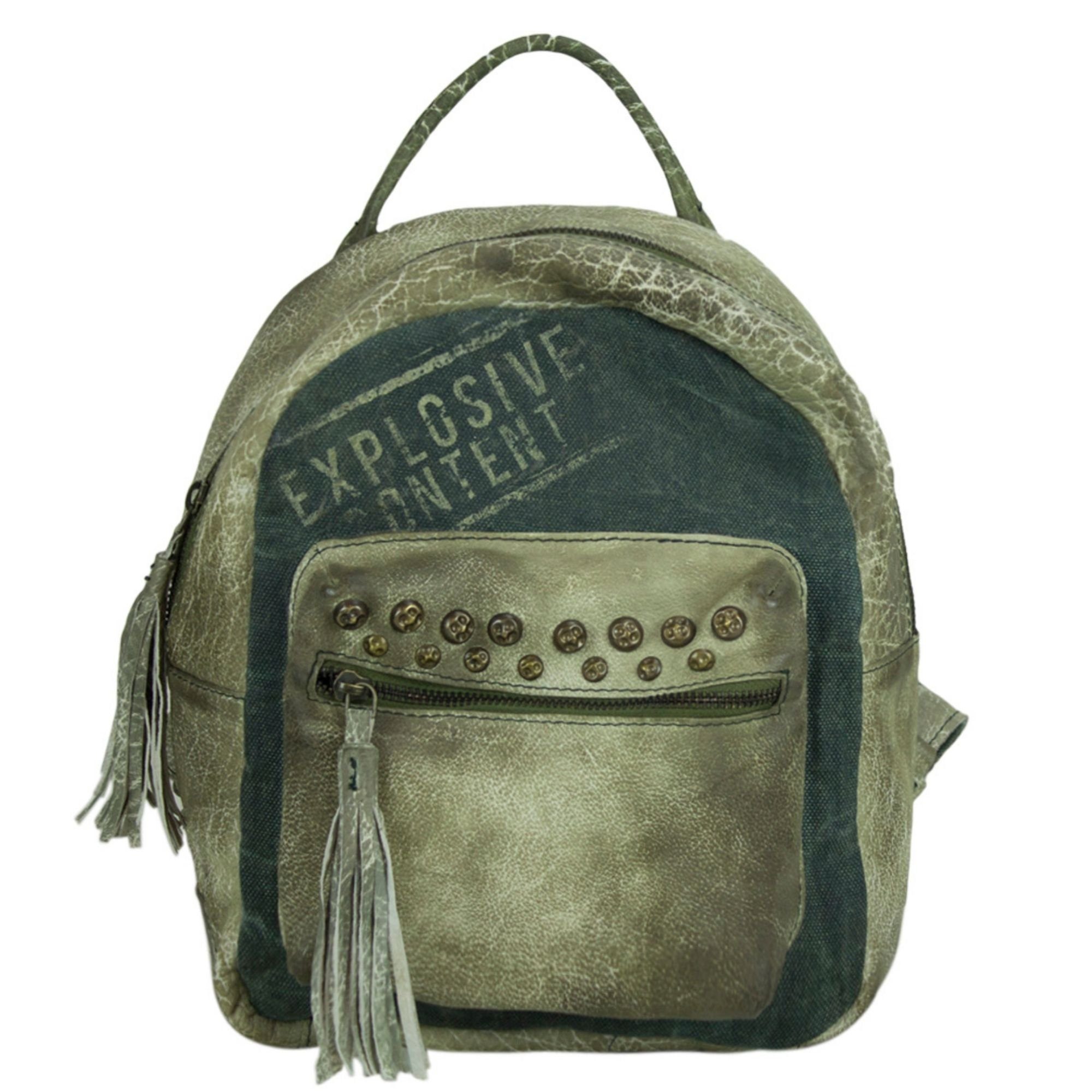 Sunsa Cityrucksack Rucksack, Backpack aus Stone wash Leder und Canvas in Retro Still. Schöne Daypack Tasche für Sie/ Ihn, Stone Wash Canvas & Echtes Leder D.grün