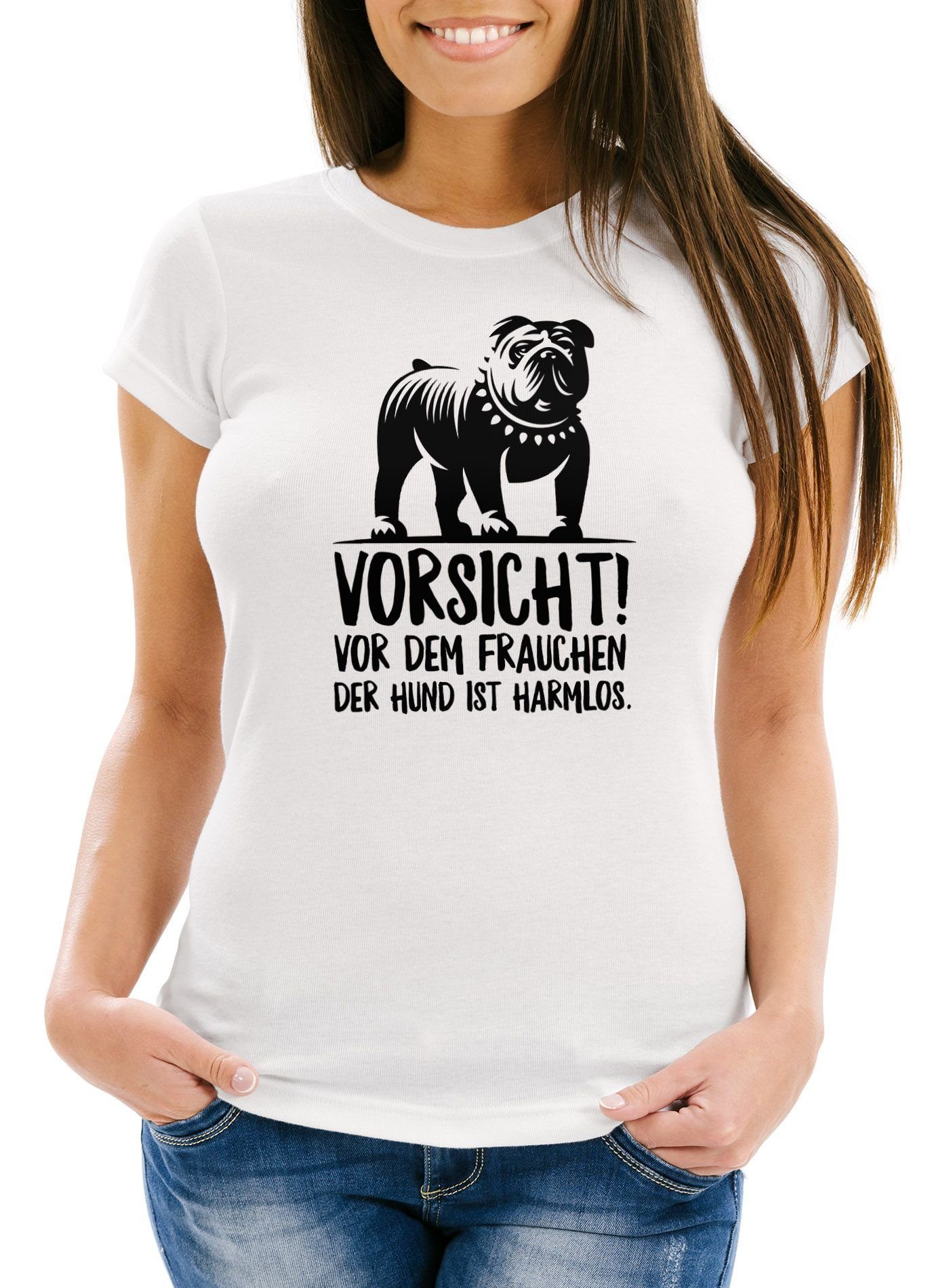 Print-Shirt Damen T-Shirt Vorsicht vor dem Frauchen der Hund ist harmlos Slim Fit