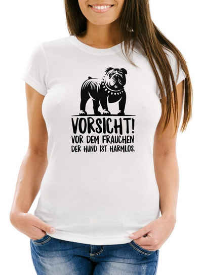 MoonWorks Print-Shirt Damen T-Shirt Vorsicht vor dem Frauchen der Hund ist harmlos Slim Fit Moonworks® mit Print