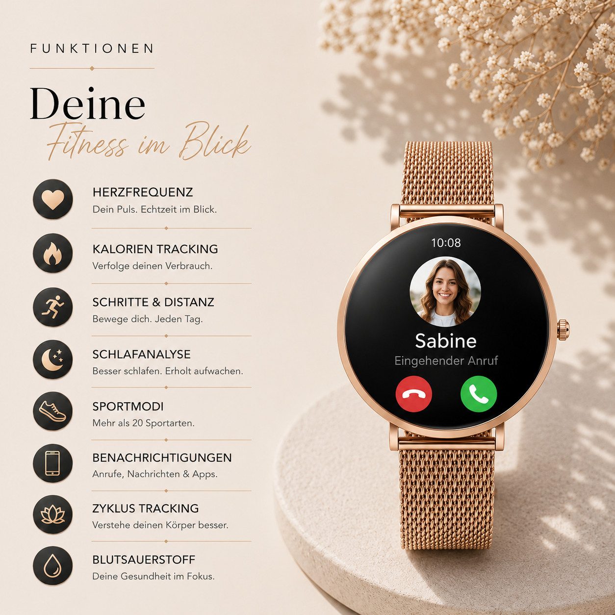 XCOAST SIONA 2 NANO - kleine Damen Smartwatch (37 cm, iOS Android) 6,9mm flach, Anrufe, Schrittzähler, Puls, Blutdruck, Schlafüberwachung, 1-tlg., 6,9mm hoch, 37mm Display, über 100 Sportarten, bis zu 6 Tage Akku, 6,9mm flach, Edelstahl, wasserdicht, 37mm AMOLED always-on Display
