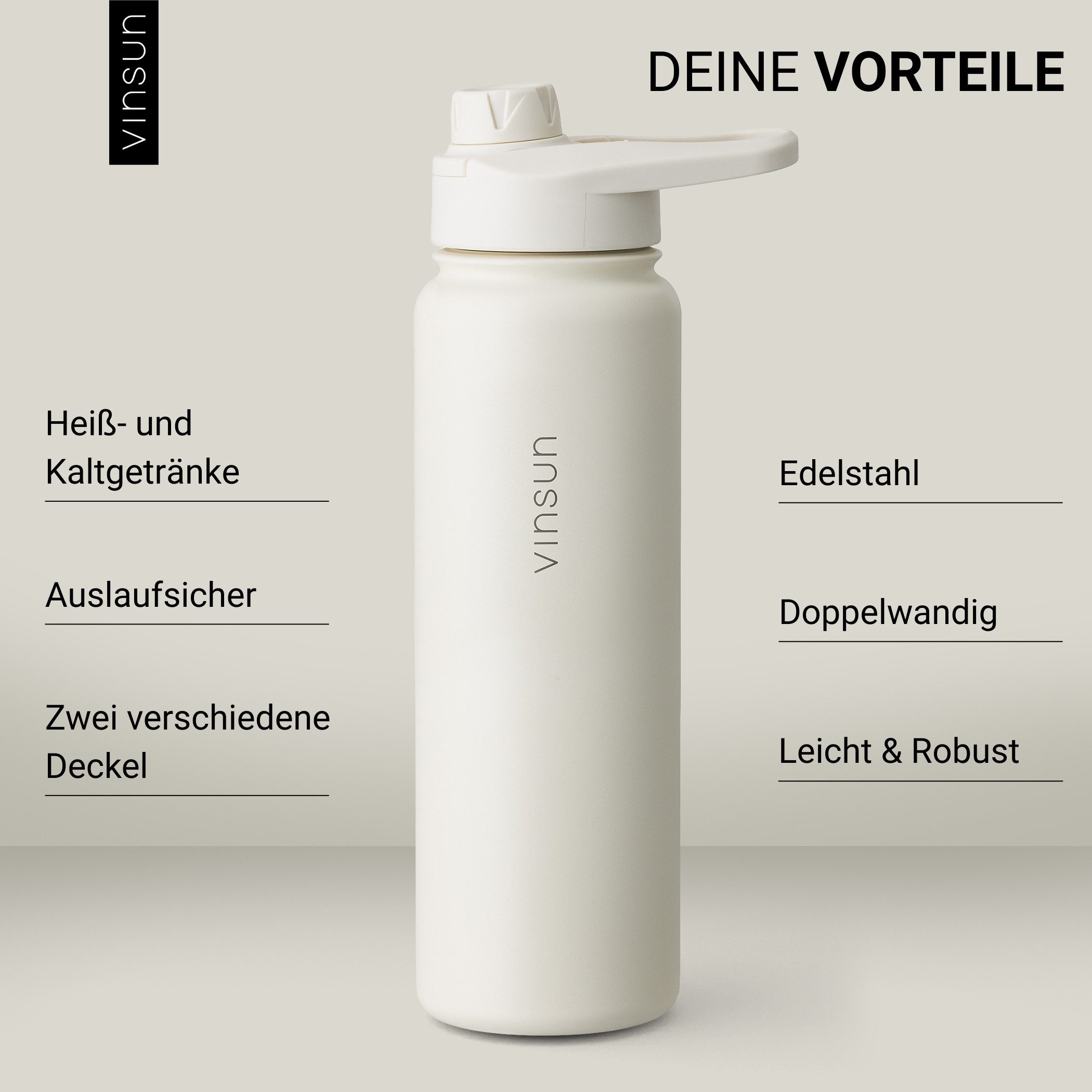 Vinsun Isolierflasche Edelstahl Trinkflasche 750ml Strohhalm - 2 Deckel Thermoflasche, BPA frei, doppelwandig, auslaufsicher, bruchsicher, geruchsneutral – Bild 2 von 5