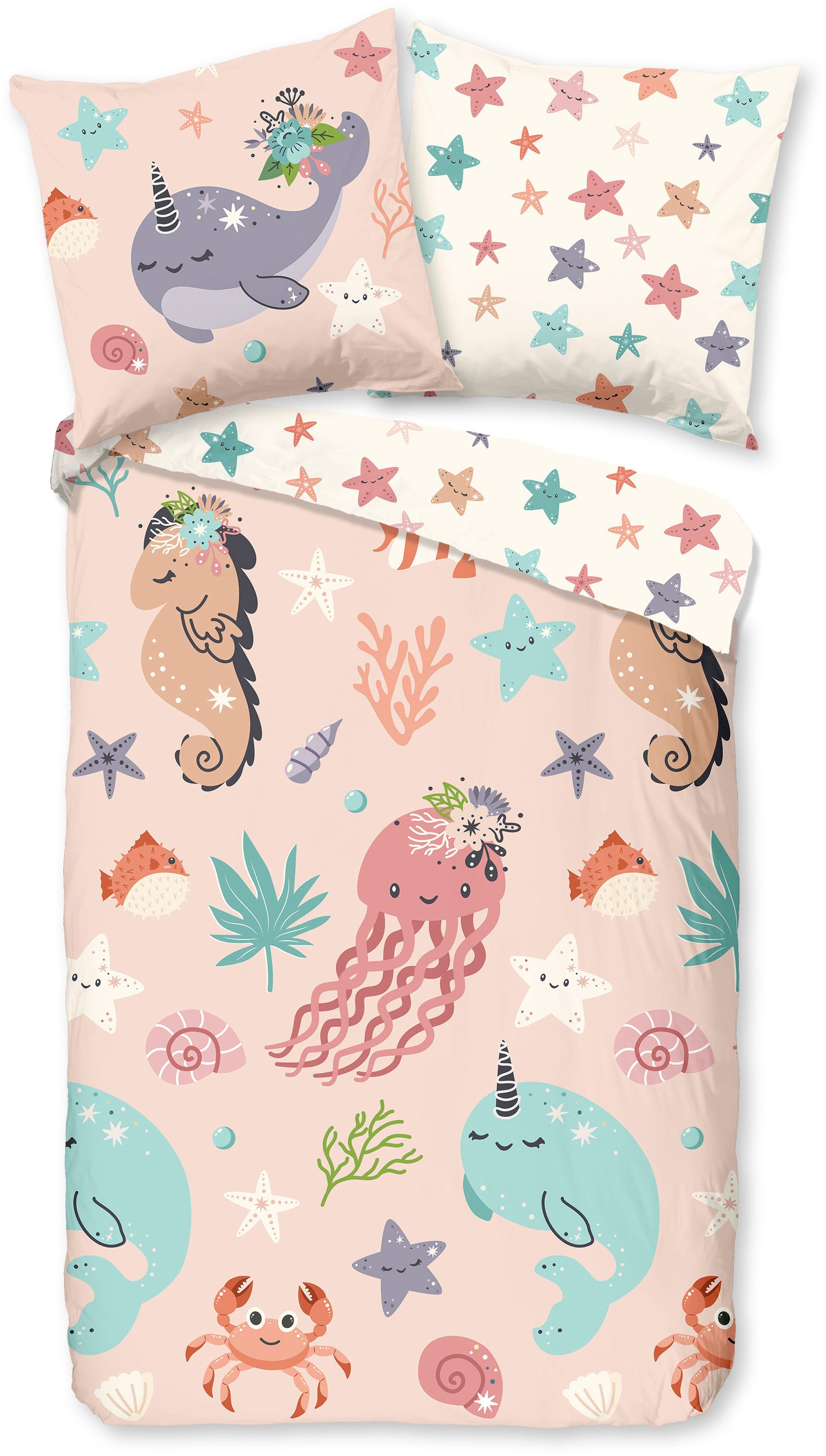 good morning Kinderbettwäsche Loua, Renforcé, 2 teilig, Baumwolle, Renforcé, 135x200, Wendeoptik, Kind, Mädchen, Meerestiere
