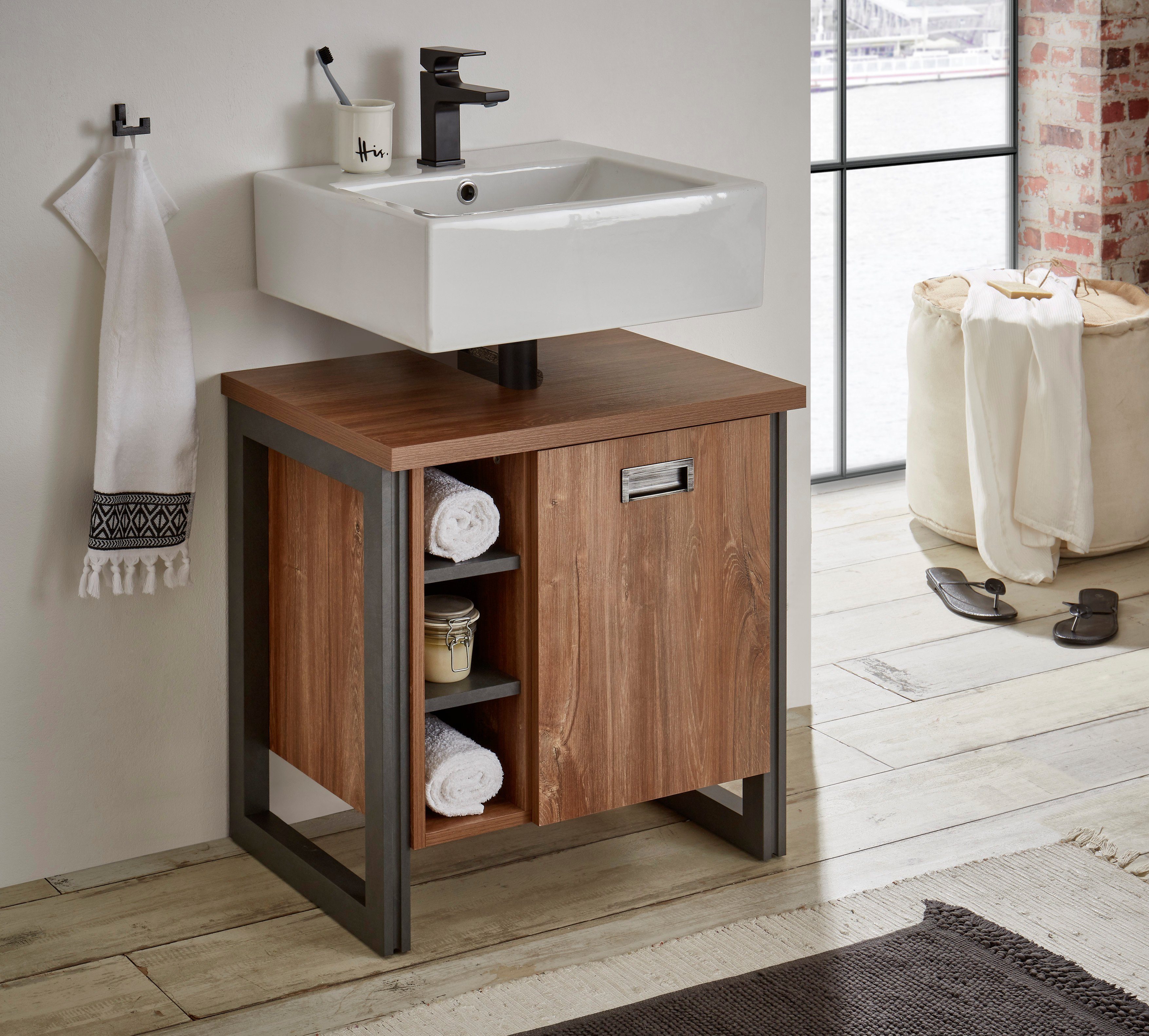 Home affaire Waschbeckenunterschrank Detroit, Waschtisch mit Apothekergriff, Badschrank im Industrialdesign Eiche Dekor, mit offenen Fächern & Stauraum, Breite 61 cm