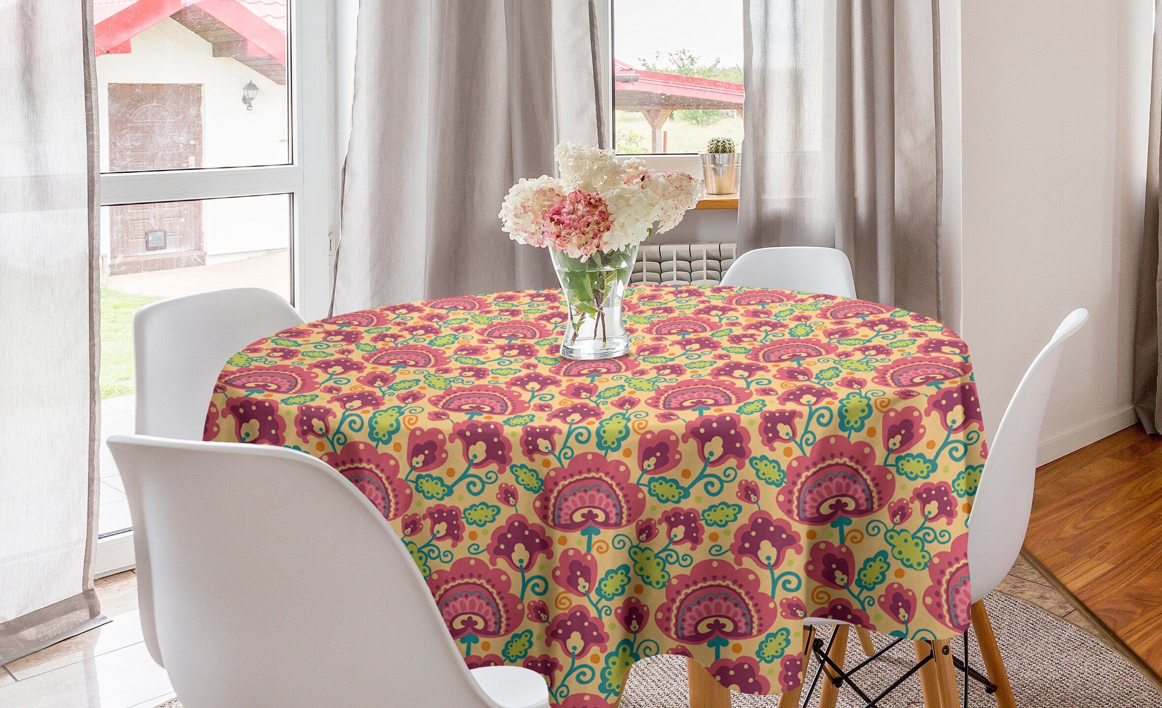 Abakuhaus Tischdecke Kreis Tischdecke Abdeckung für Esszimmer Küche Dekoration, Volkskunst Curlicue Blumenmotiv-Dots