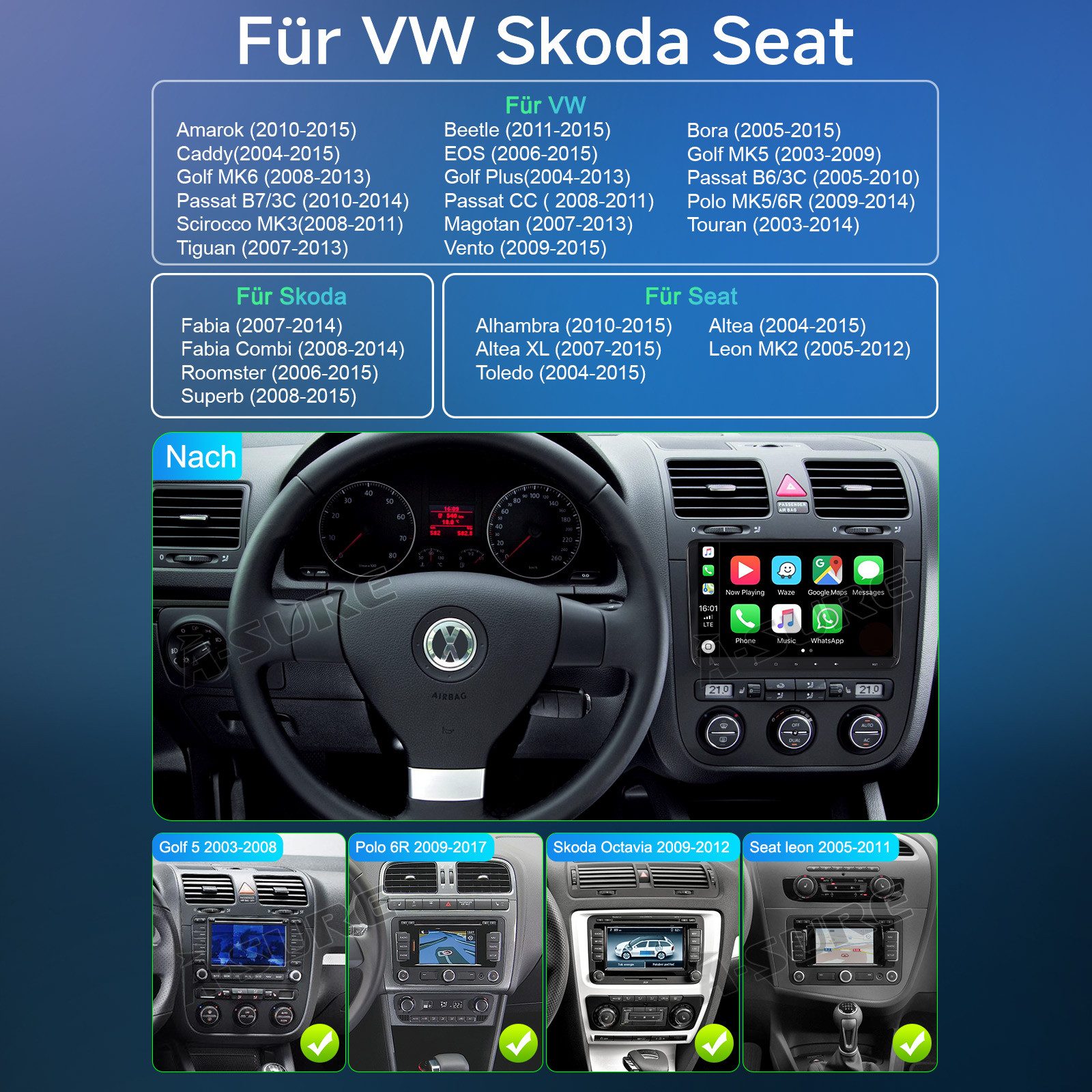 A-Sure Android 15 Carplay GPS Navi Für VW Golf 5 6 Passat Touran Caddy Jetta Autoradio (Digitalradio (DAB), RDS, FM, AM, 1280*720 Screen/4-Core CPU/2+64G/9 Zoll – Bild 4 von 5