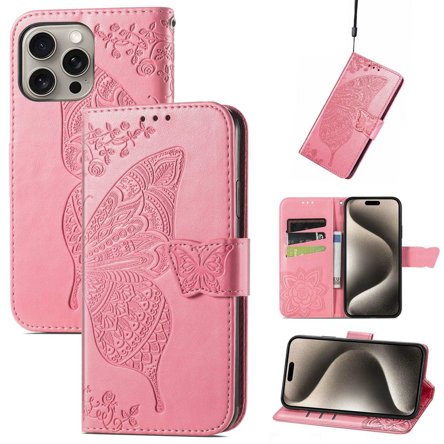 Wigento Smartphone-Hülle Für Apple iPhone 16 Pro Max Book Wallet Etuis Schmetterling Hülle Pink, Kunst-Leder Schutzhülle Smart Case Cover magnetischer Verschluss
