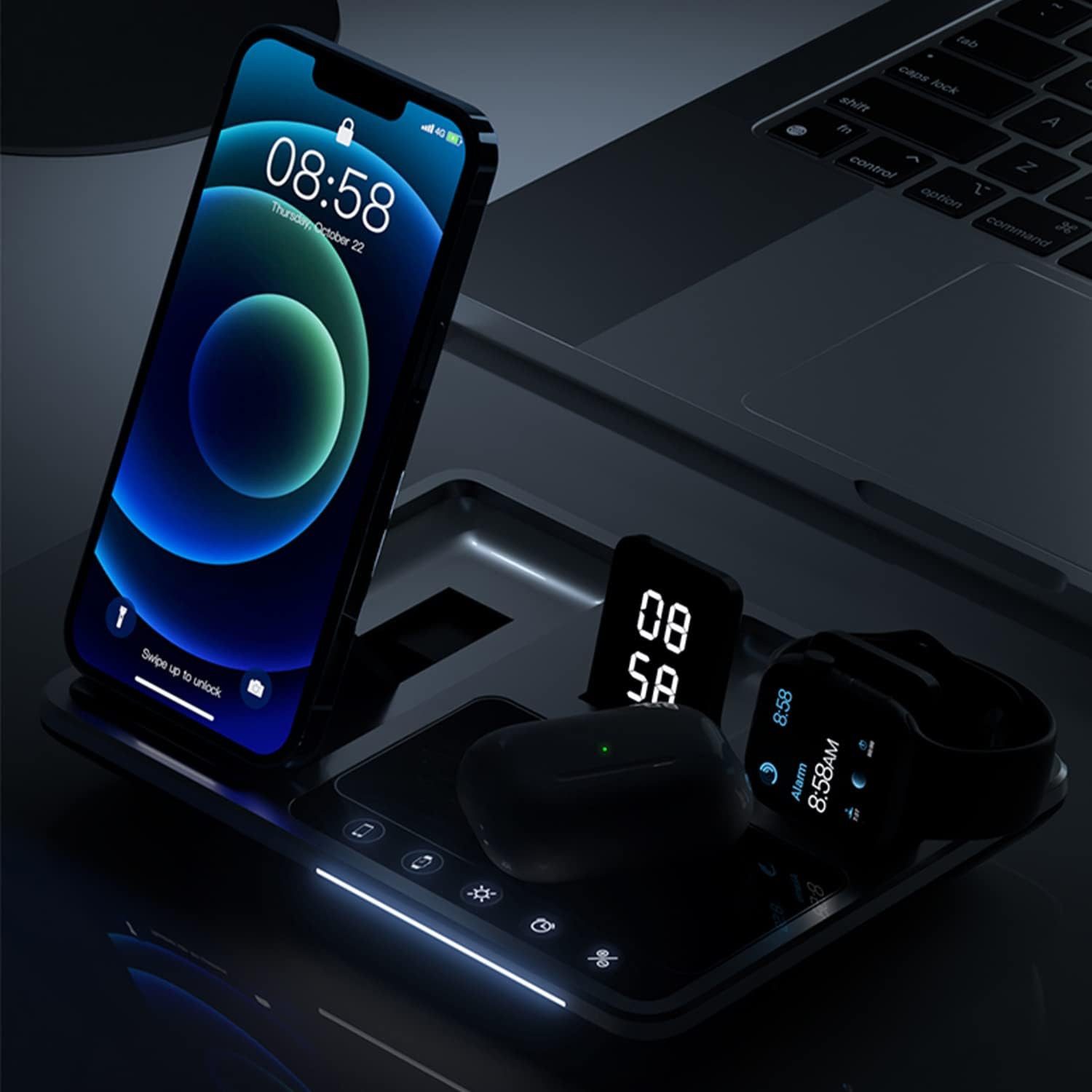 ibettertec Ladestation ladegerät 4 in 1 Induktive Ladegerät, Wireless Charger Ladestation (für iPhone,Apple Watch und Samsung Galaxy, Automatische Hebefunktion, Zeitanzeige, Nachtatmungslicht)