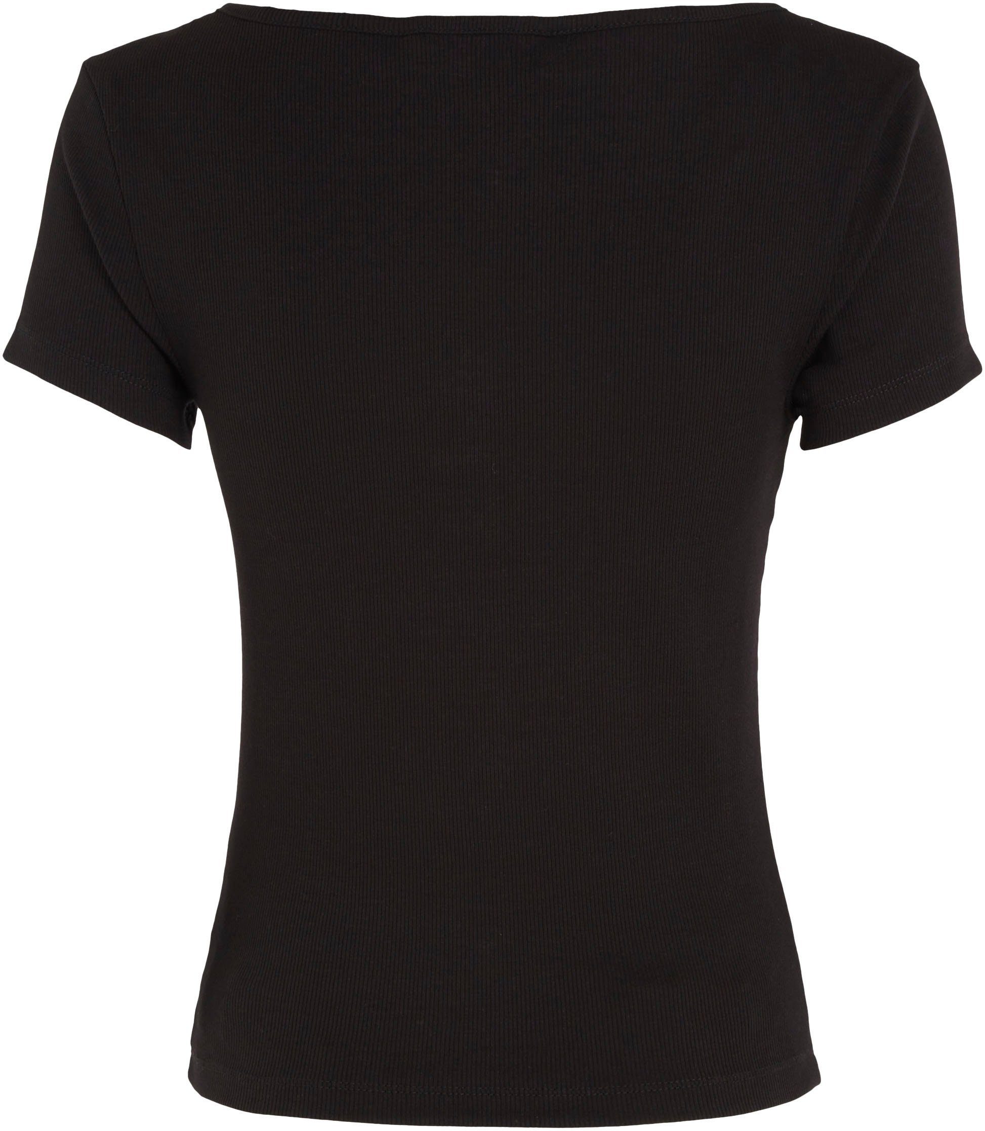 Tommy Jeans T-Shirt TJW Logostickerei Black Tommy mit Jeans BBY BUTTON C-NECK RIB