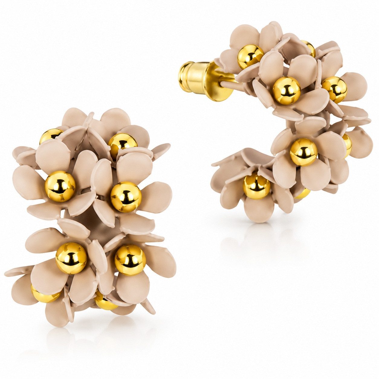 LUISIA® Paar Ohrstecker Halb Creolen Ohrringe "Mia" mit Blüten (2-tlg., inkl. Schmuckbox), 16 Karat vergoldet